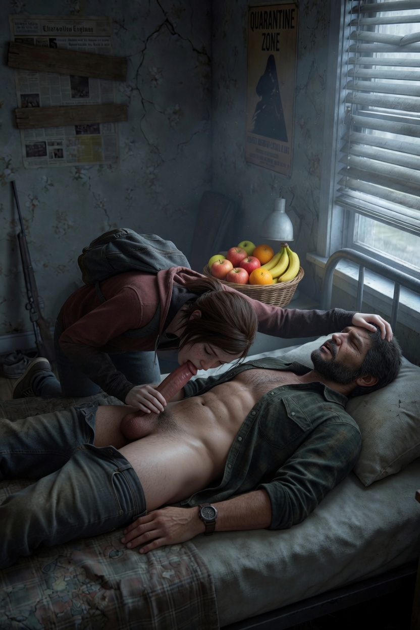 1boy, 1girls, 2026, 2d, 3d, abs, ai generated, aistuffo, balls, bed, bedroom, bent over, big penis, black hair, blowjob, brown hair, clothing, ellie (the last of us), ellie williams, fellatio, female, fruit, fruit basket, giving head, indoors, jacket, jeans, joel miller, licking, lying, lying on back, lying on bed, male, muscular male, naked male, oral, oral sex, pants, penis, petite, ponytail, pulling clothing, realistic, red jacket, semi nude, sleeping, straight, sucking, sucking penis, teenage girl, teenager, the last of us, uncensored, young