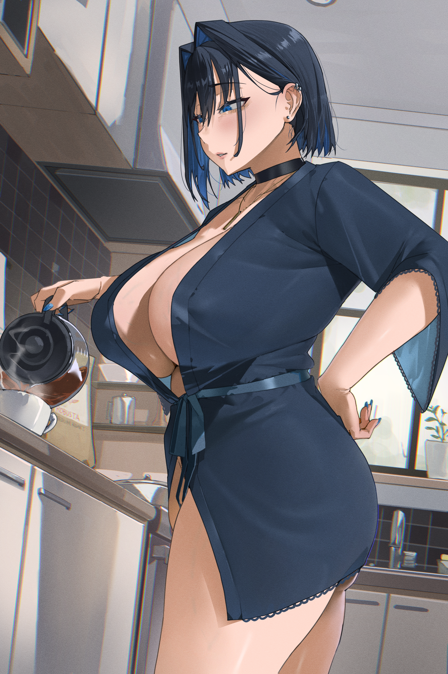 1girl, absurdres, archinoer, beautiful woman, black choker, black hair, blue eyes, blue hair, breasts, choker, cleavage, coffee, coffee pot, colored inner hair, commentary, english commentary, fanged bangs, hair intakes, hand on own hip, highres, holding, holding coffee pot, hololive, hololive english, huge breasts, indoors, jewelry, mature female, mature woman, milf, mommy, multicolored hair, necklace, nightgown, ouro kronii, parted lips, short hair, sleepwear, solo, standing, three-quarter sleeves, virtual youtuber
