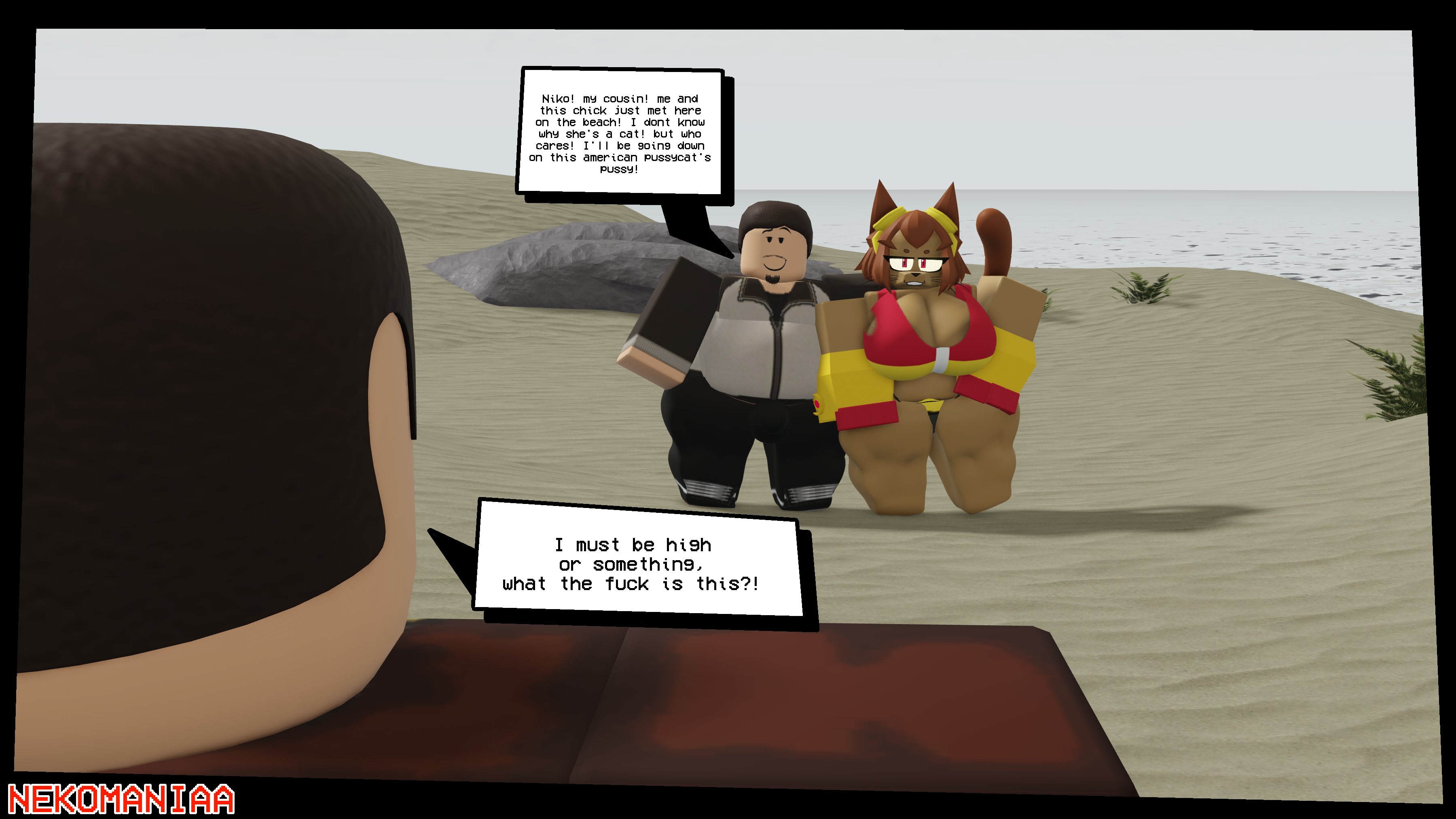 1girls, 3d, beach, big breasts, breasts, cleavage, crossover, dialogue, english text, gameoverse, grand theft auto iv, joke art, kit (gameoverse), kit bodega, nekomaniaa, niko bellic, roblox, robloxian, roman bellic, shitpost, speech box, tagme, text, thick thighs, thighs, weird crossover