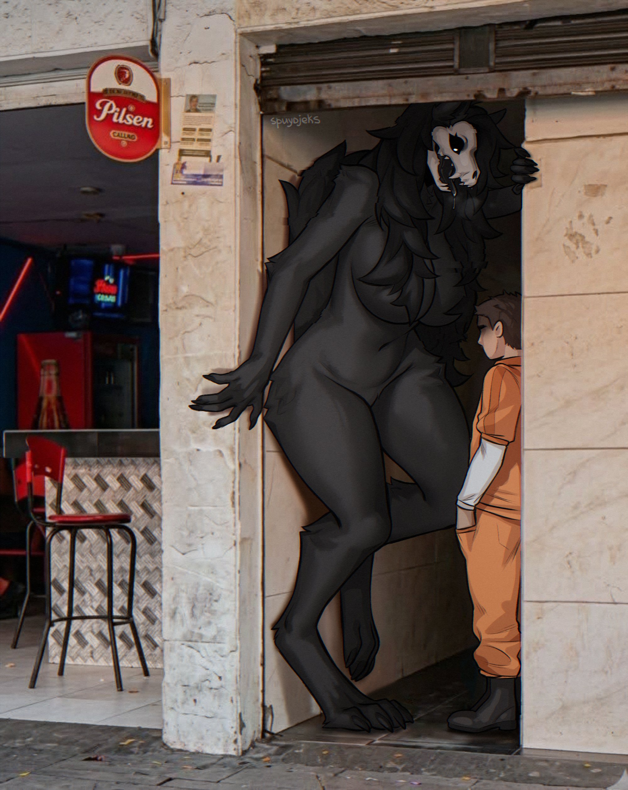 1boy, 1girls, alleyway milf (meme), anthro, anthro female, big breasts, black body, black fur, black hair, black sclera, colombia, d-class, furry, furry female, huge breasts, human, human male, mal0, malo, medellin, colombia, meme, nude, nude female, photo background, photo-referenced, pilsen callao, scp foundation, scp-1471, scp-1471-a, size difference, skull head, smaller male, spuydjeks, taller female, trend