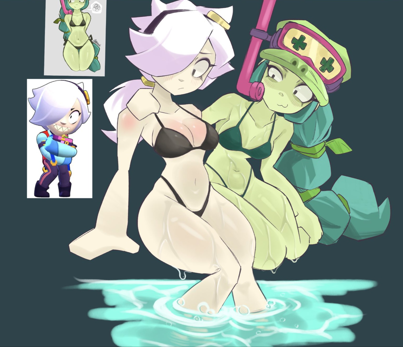 2girls, alli (brawl stars), bestankk, bikini, blush, braided hair, brawl stars, breasts, colette (brawl stars), female only, green hair, green skin, headgear, large breasts, long hair, looking at another, navel, ponytail, sitting, slim waist, smile, tagme, thick thighs, tied hair, voluptuous, wet, wet body, white hair, wide hips, wip