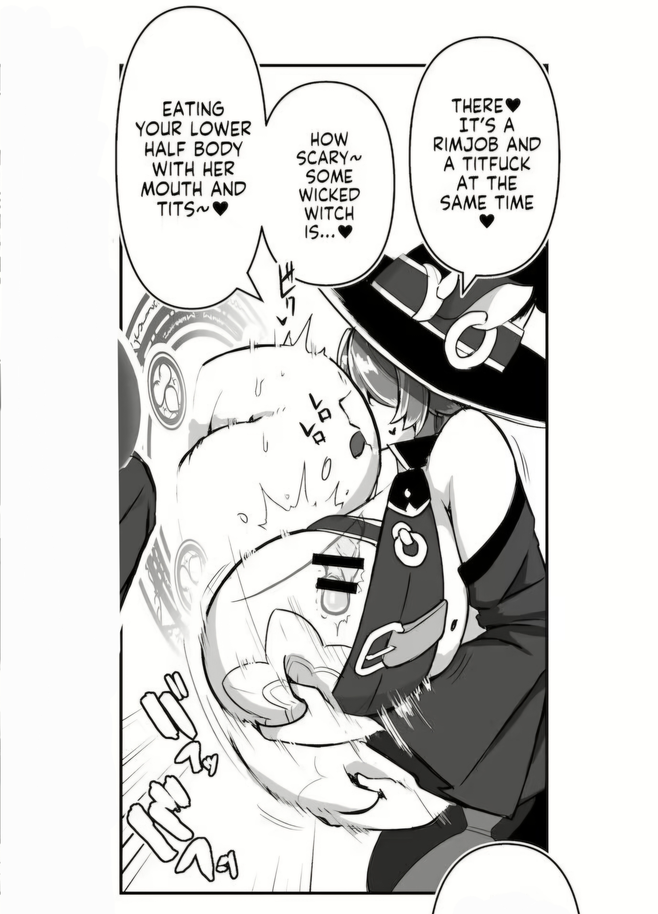 1boy, 1girls, bar censor, big breasts, breasts bigger than head, doujinshi page, edit, eugene batten, female rimming male, femdom, huge breasts, magic, monochrome, now you're thinking with portals, original, paizuri, penis, portal, portal (object), reverse paizuri, reverse titfuck, rimjob, rimming, rimzuri, unseen male face, upscaled, witch, witch hat, x-ray