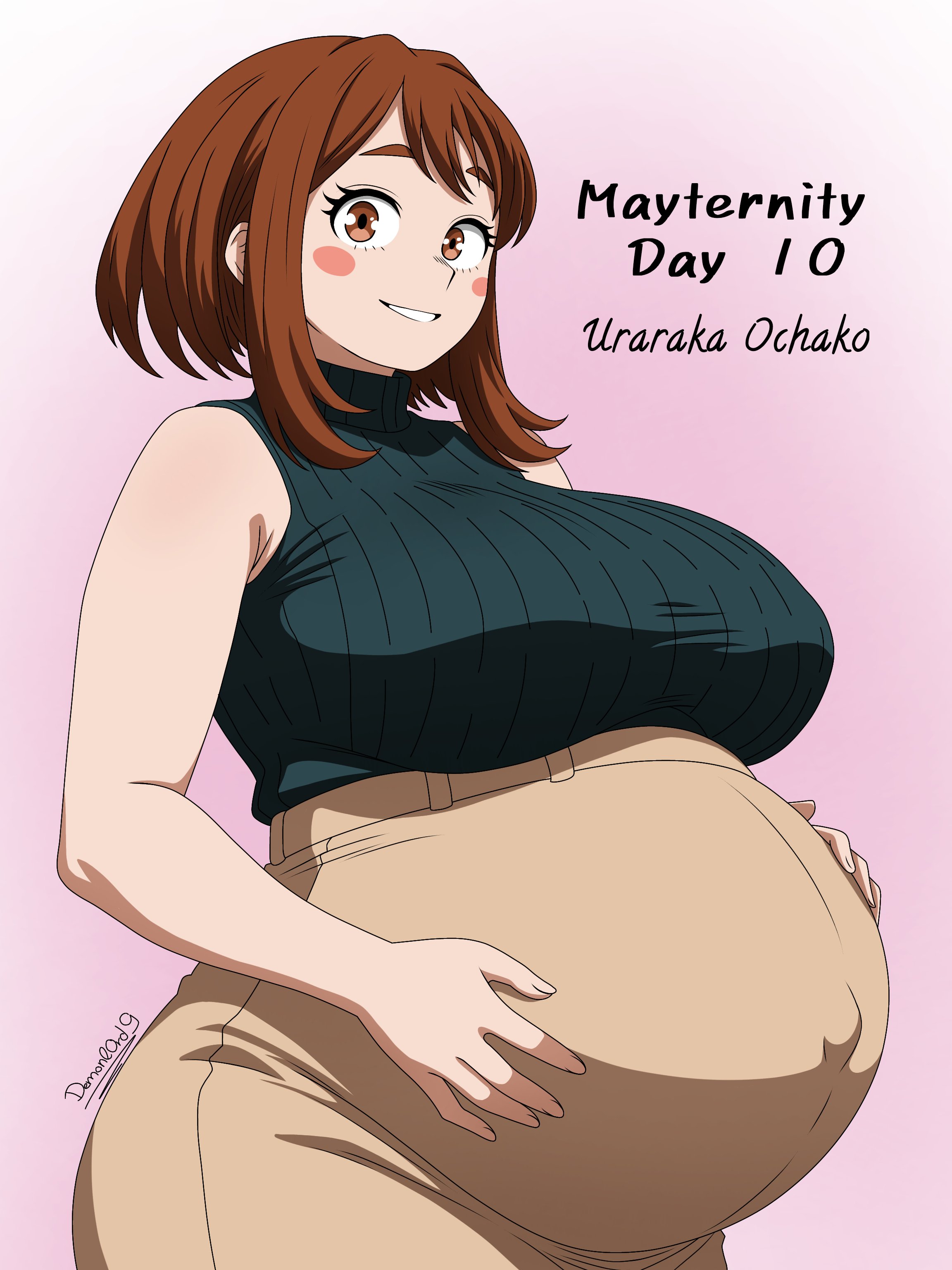 belly overhang, big breasts, brunette, clothed, demonl0rd9, hands on belly, hyper belly, hyper pregnancy, large breasts, looking at viewer, my hero academia, ochako uraraka, popped navel, pregnant, pregnant belly, pregnant female, smile, uraraka ochako