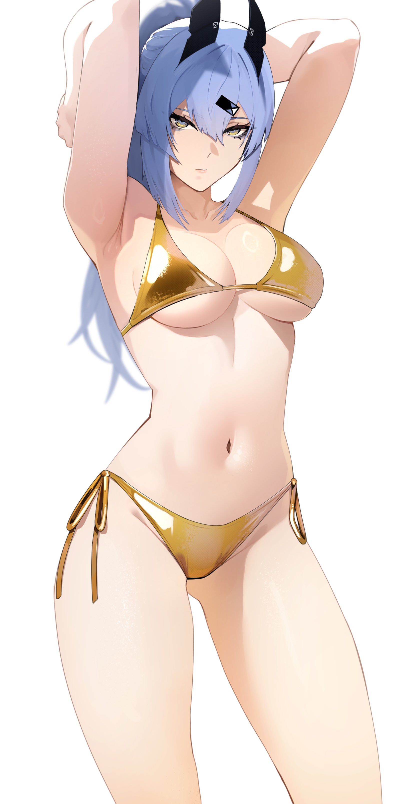 blue hair, golden bikini, golden week, looking at viewer, saki (theatko), solo, the atko