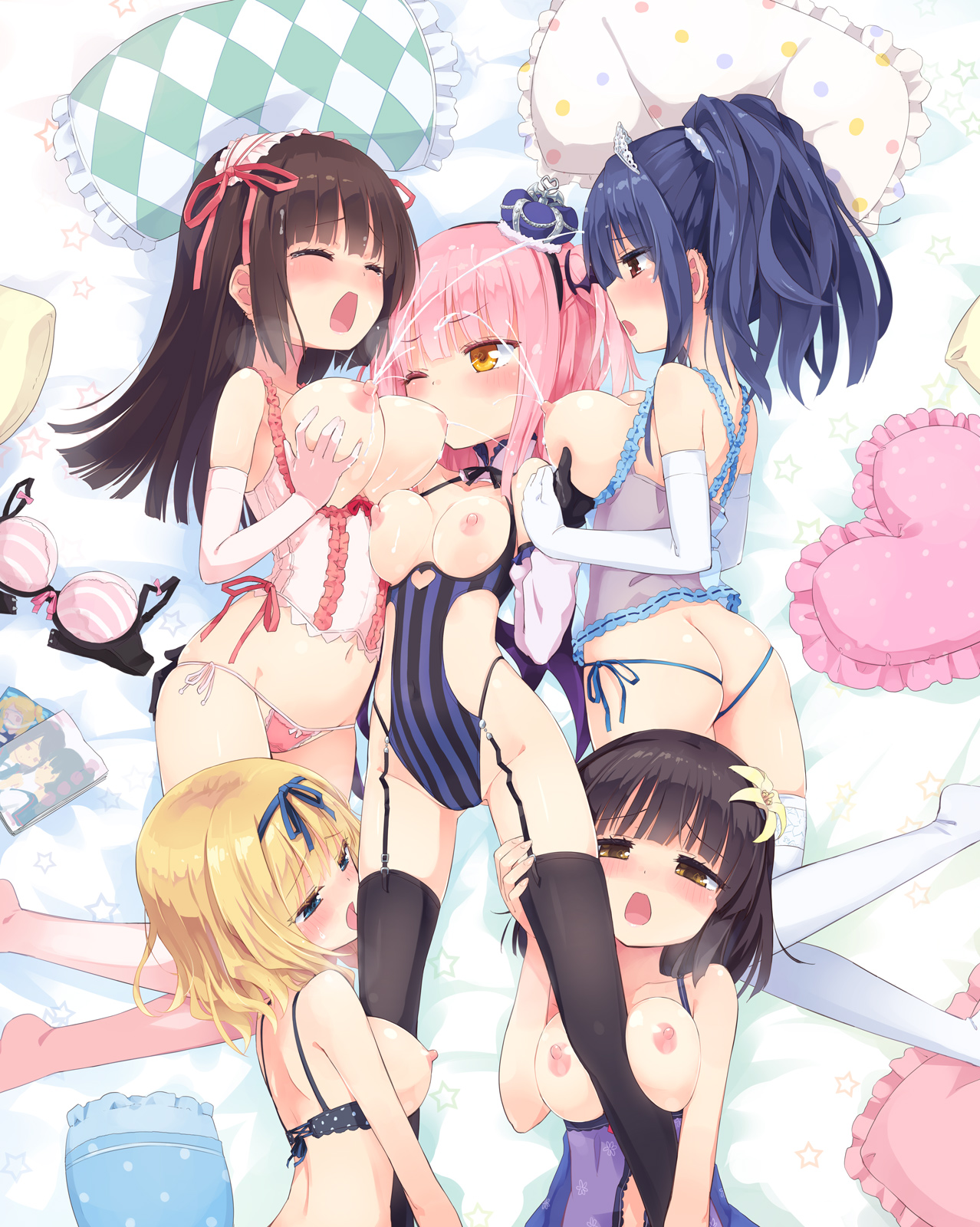 5girls, breast sucking, breasts, female, homura subaru, nipples, stockings, tagme