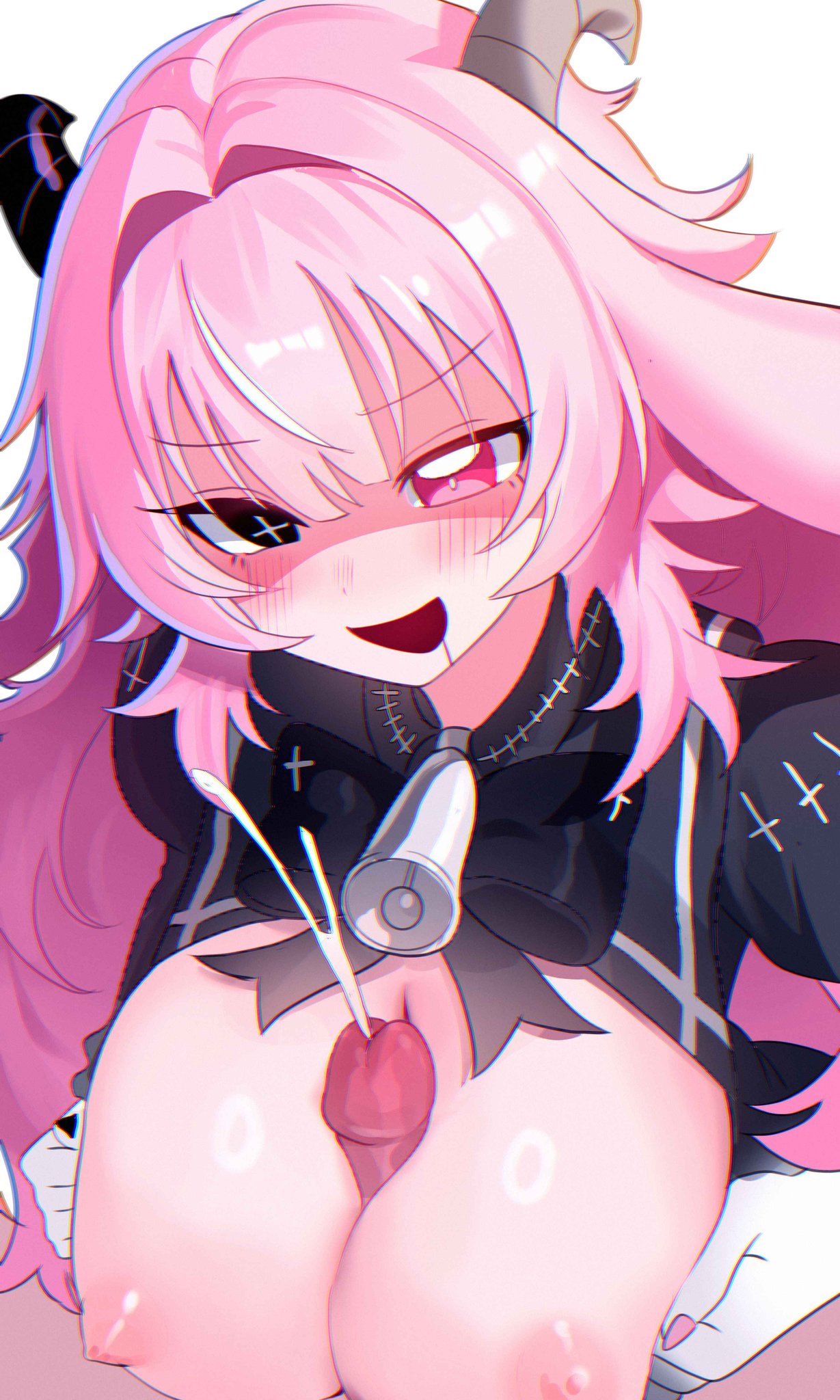 1boy1girl, 2026, 2d, 2d (artwork), big breasts, black hair, blush, boobjob, boobs, breasts, color, colored, cum, cumshot, digital media (artwork), drunken goddess reflux, ejaculation, ejaculation between breasts, female, femme soule, hair, heterochromia, hi res, huge breasts, kkorokonn, large breasts, light skin, light-skinned female, long hair, looking at partner, male, male/female, mouth open, nipples, open mouth, orgasm, paizuri, penis, pink eyes, pink hair, pukey goddess shot trick, simple background, smile, titfuck, titjob, tits, uncensored, white background