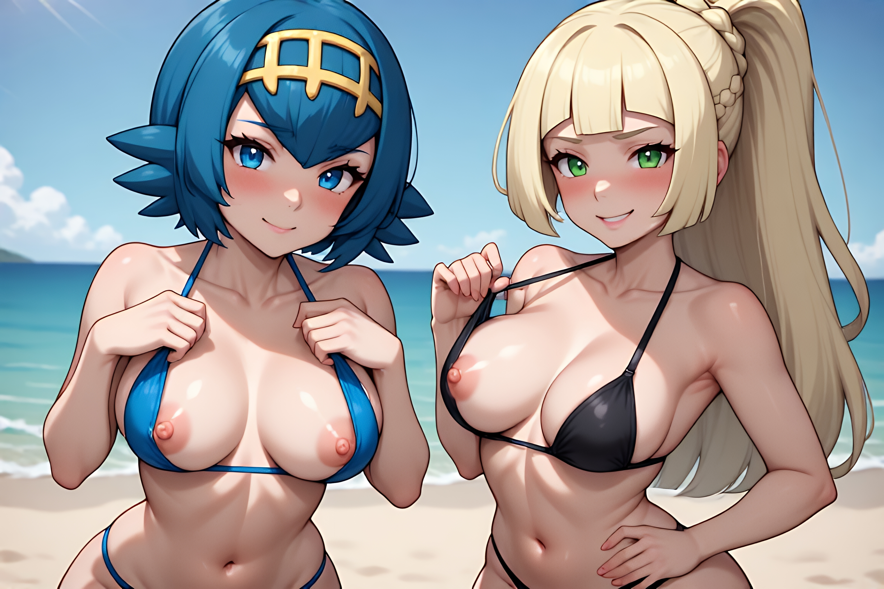 2girls, adult female, ai generated, areolae, beach, bikini, bikini pull, blonde hair, blue eyes, blue hair, breast reveal, firm breasts, flashing, flashing breasts, green eyes, hand on hip, lana (pokemon), lillie (pokemon), nipples, normal breasts, pokemon, smile, thiccnutsacc