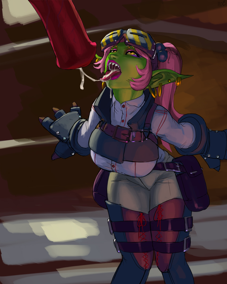 aka6, breasts, clothed, cum, cum in mouth, cum inside, cum string, cum taste, female, goblin, goblin female, green skin, hair, horse, horsecock, huge cock, humanoid, large breasts, male, open mouth, penis, pink hair, world of warcraft, yellow eyes