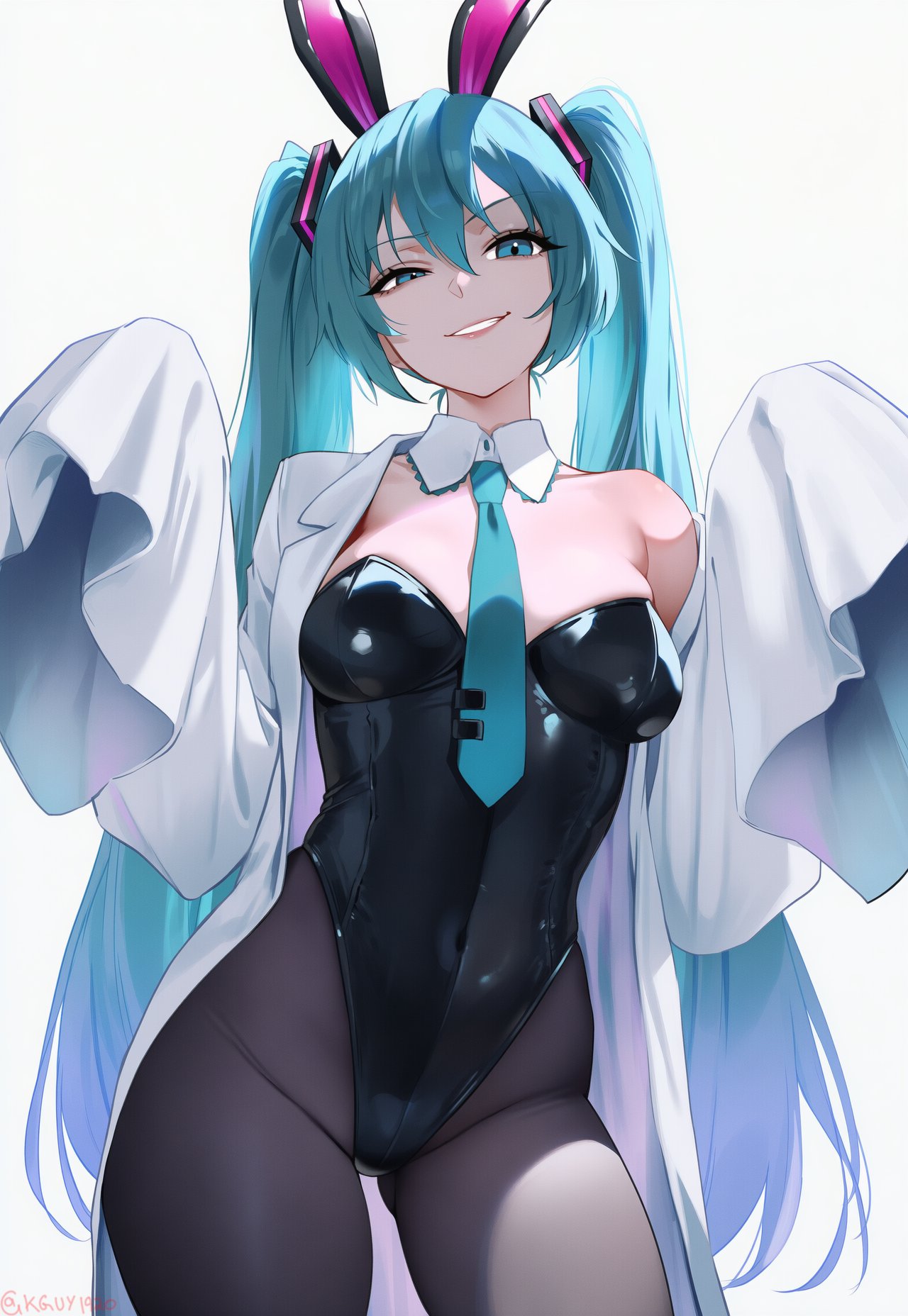 1girls, angry face, black bunny ears, black bunnysuit, blue eyes, blue hair, breasts, bunny costume, bunny ears, bunny girl, bunnysuit, female, female focus, female only, hatsune miku, kguy1920, pantyhose, ponytails, shirt, solo, solo female, solo focus, tie, vocaloid, white shirt