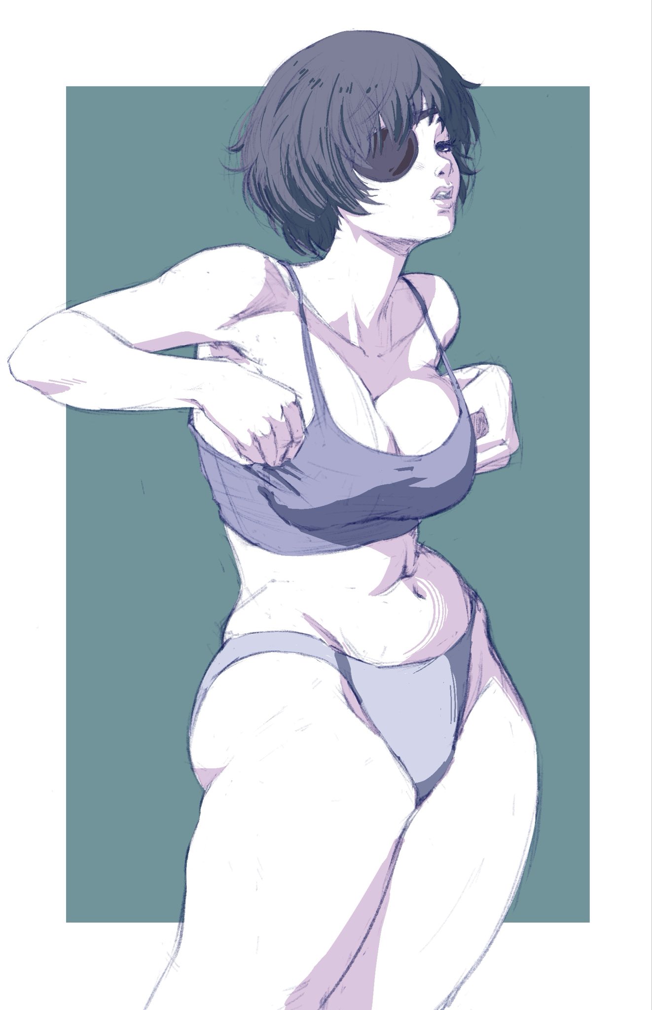 1girls, adjusting clothes, artist request, big breasts, black hair, blue background, breasts, chainsaw man, cleavage, eyepatch, female, female focus, female only, hands on breasts, himeno (chainsaw man), looking at viewer, panties, questionable, realistic proportions, short hair, shounen jump, simple background, solo, solo female, standing, tank top, thick thighs, underwear, white border