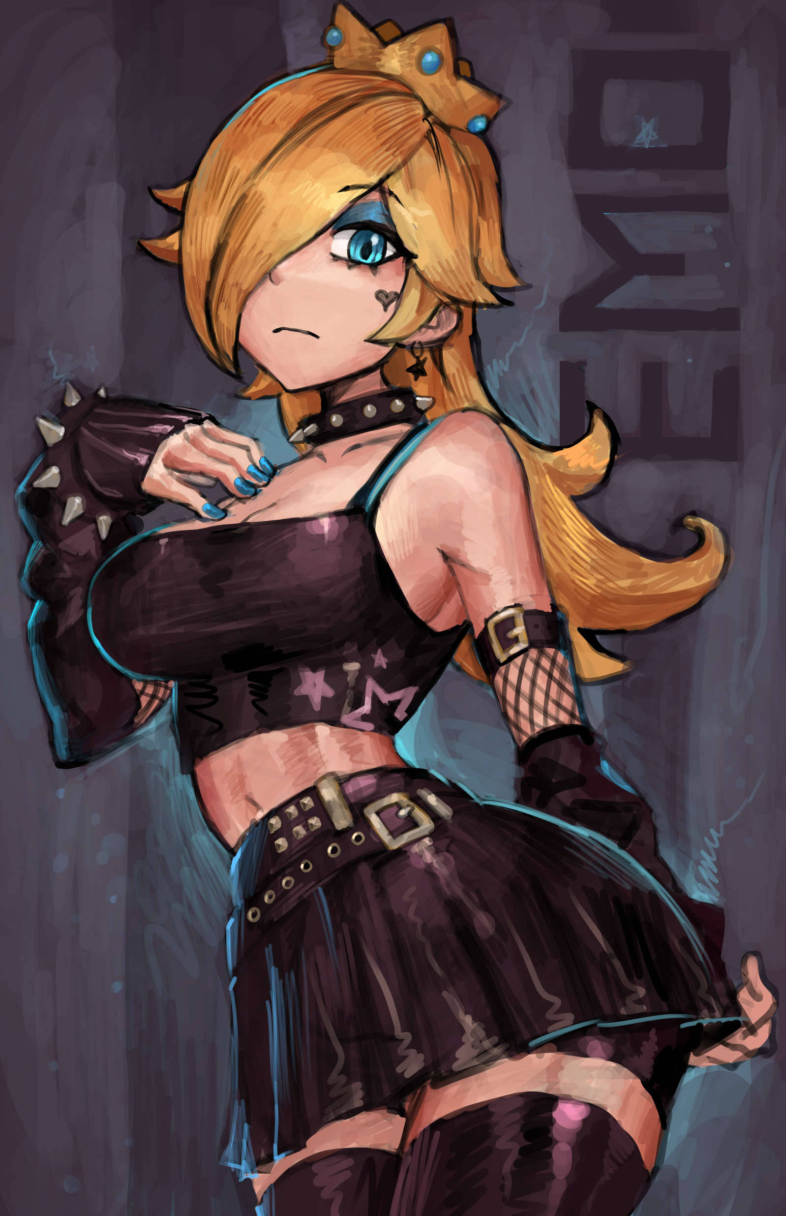 1girls, absurdres, bare shoulders, belt, black belt, black choker, black gloves, black shorts, black skirt, black tank top, black thighhighs, blonde hair, blue eyes, blue eyeshadow, blue nails, bracelet, breasts, choker, commentary, crown, earrings, emo fashion, english commentary, english text, eyeshadow, facial tattoo, fingerless gloves, fishnet armwear, gloves, gold crown, goth, goth fashion, goth girl, gothified, grey background, hair over one eye, highres, jewelry, long hair, looking at viewer, makeup, mario (series), marker (medium), midriff, multiple belts, nail polish, navel, nintendo, princess rosalina, rosalina, saiykik, shorts, shorts under skirt, skirt, solo, spiked bracelet, spiked choker, spiked collar, spikes, star (symbol), star earrings, studded choker, tank top, tattoo, thighhighs, thighs, traditional media