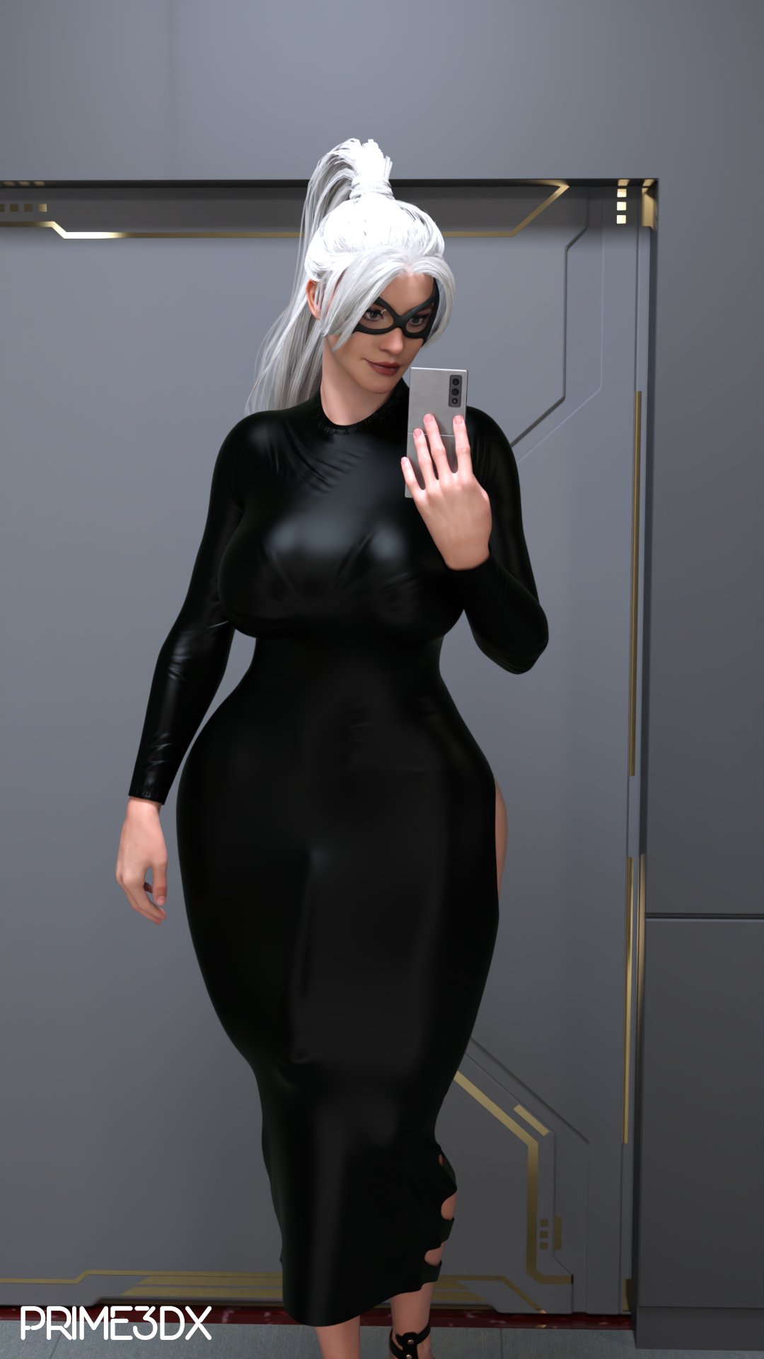 big_breasts black_cat_(marvel) breasts bulge bulge_through_clothing felicia_hardy futanari huge_cock marvel penis_outline prime3dx selfie smartphone solo spider-man_(series) subtle_penis white_hair