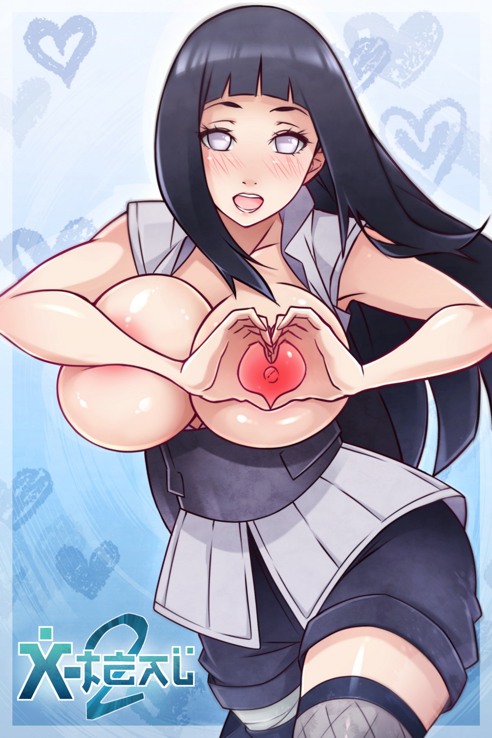 alternate breast size, bangs, big breasts, blue hair, blush, breasts, breasts out, female, female only, gesture, heart, heart hands, hime cut, huge breasts, human, hyuuga hinata, hyuuga hinata (naruto: the last), large breasts, lavender eyes, long hair, looking at viewer, naruto, naruto (series), naruto: the last, nipples, open mouth, sash, sleeveless, smile, thighhighs, vest, x-teal