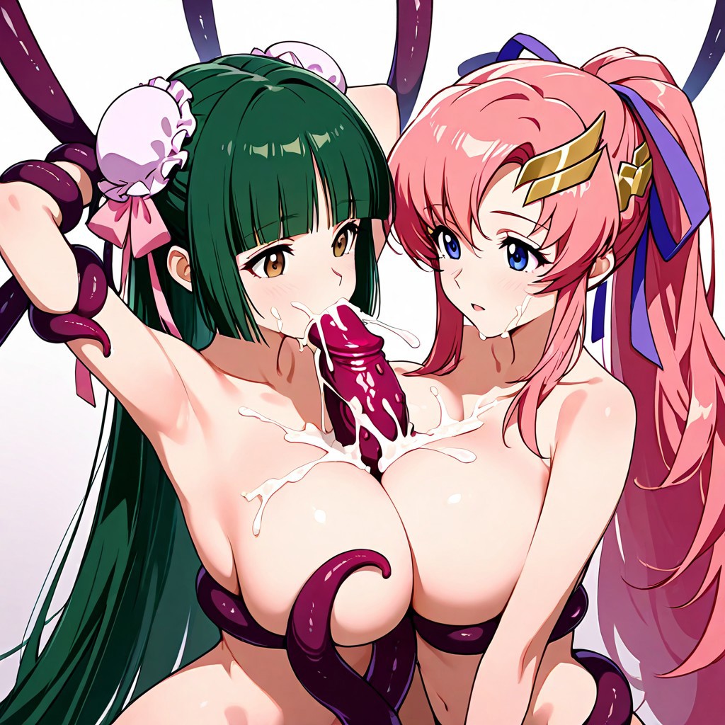 ai_generated black_hair blowjob blue_eyes boobjob chained chains cum cum_on_breasts fellatio gundam gundam_00 gundam_seed gundam_seed_destiny hair_ornament lacus_clyne long_hair paizuri pink_hair restrained tentacle titjob wang_liu_mei yellow_eyes