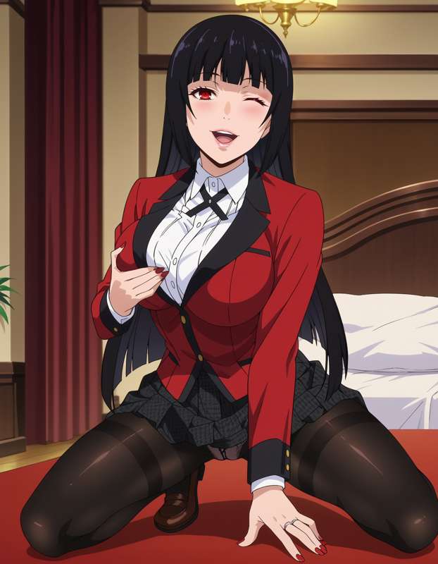 1girls ai_generated aindroidparanoid big_ass big_breasts black_hair grabbing_own_breast jabami_yumeko kakegurui looking_at_viewer nail_polish perfect_body perfect_legs red_eyes red_nails smile student thick_thighs wink