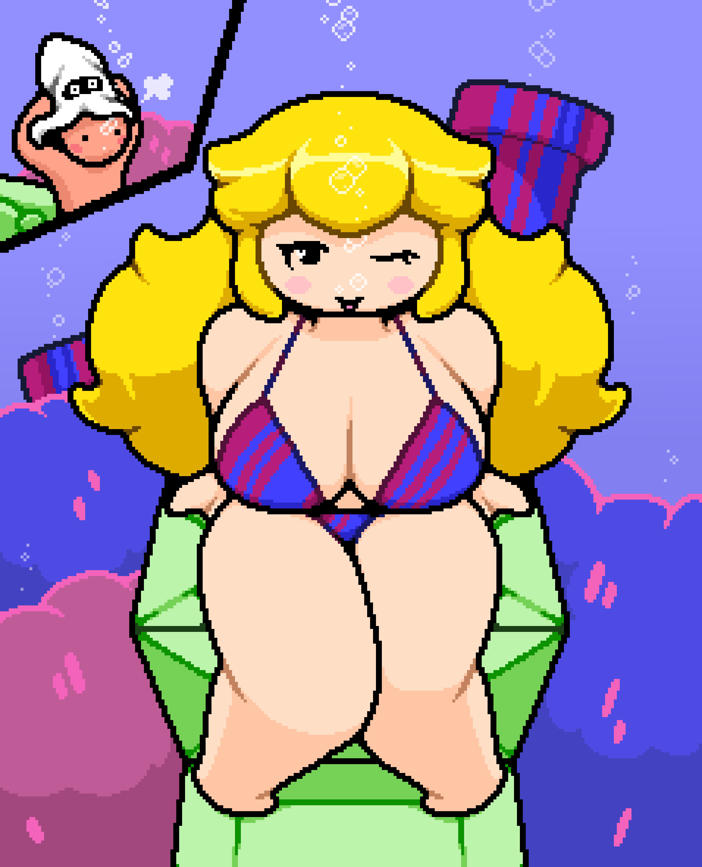 ;p big_breasts big_thighs bikini blonde_hair blooper blush bubble bubbles looking_up mario_(series) okami_tomato pipe princess_peach super_mario_bros. tomato_(okami_tomato) underwater warp_pipe