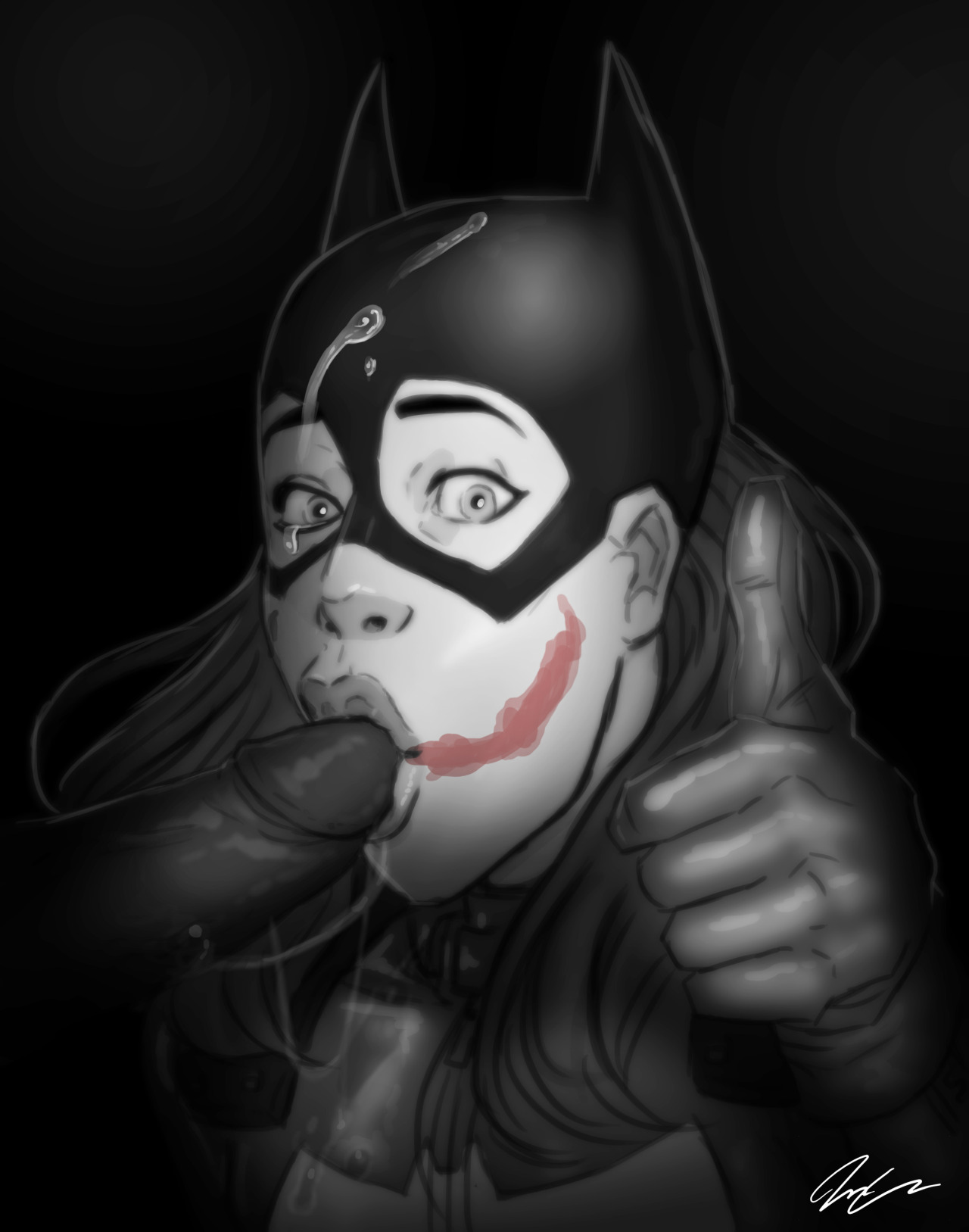 1girls, barbara gordon, batgirl, batman (series), black and white, cum, dark skin, dark-skinned male, dc, dc comics, drooling, faceless male, facial, fellatio, female, human, joker, looking at viewer, male, oral, penis, pumpkinsinclair, sex, straight, tears