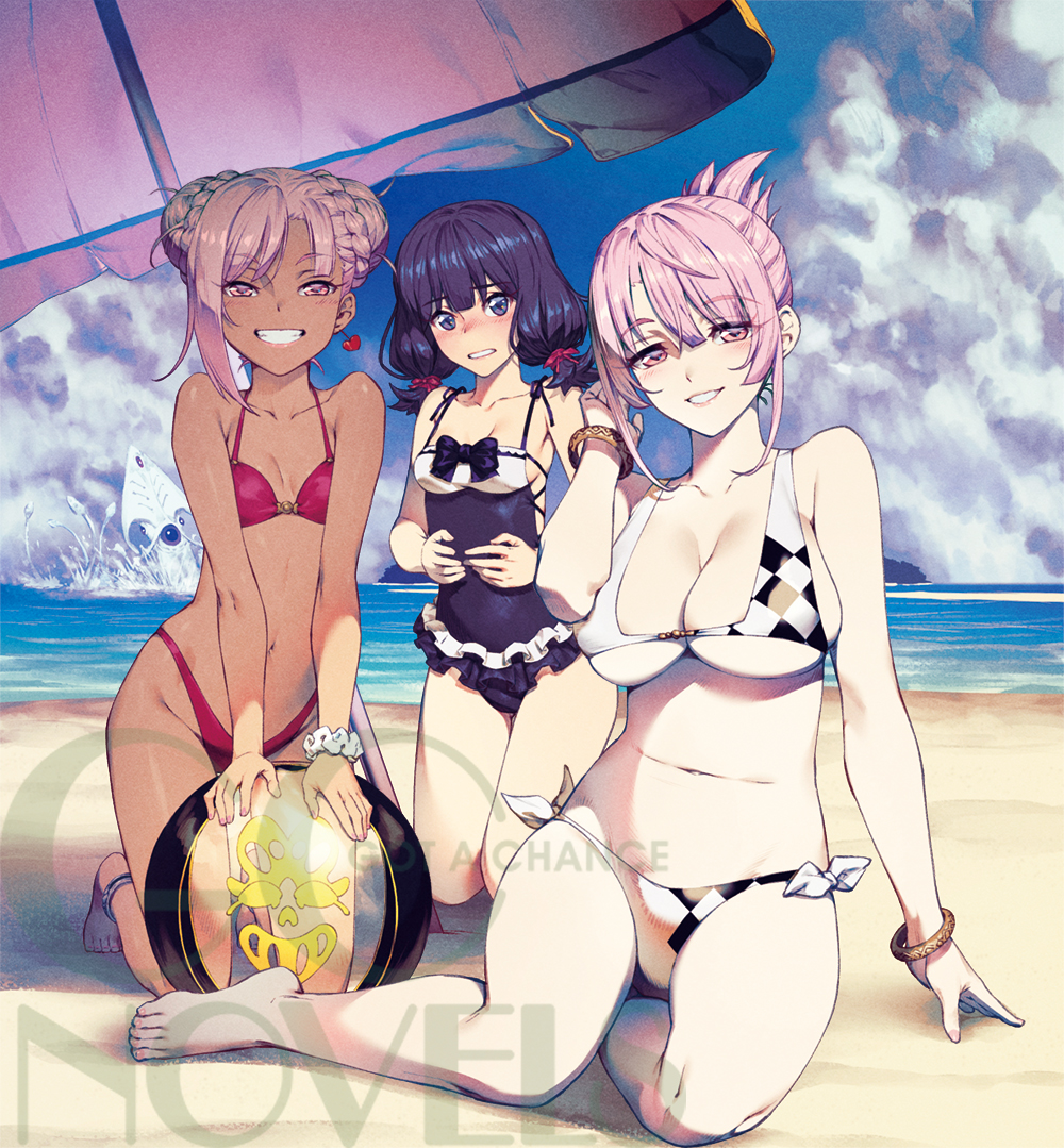 3girls anklet argyle_bikini argyle_clothes artist_request ball beach beach_umbrella beachball bikini bikini_day black_bow black_eyes black_hair blue_sky blush bow bracelet breasts cloud cloudy_sky cross-laced_clothes cross-laced_one-piece_swimsuit double_bun earrings folded_ponytail frilled_one-piece_swimsuit frills grin hair_bun hair_ribbon heart heart_earrings highleg highleg_bikini jewelry light_smile liz_smart low_twintails medium_breasts medium_hair multiple_girls nageki_no_bourei_wa_intaishitai nose_blush o-ring o-ring_top ocean official_art on_ground one-piece_swimsuit pink_eyes pink_hair red_bikini red_ribbon ribbon sand scrunchie seiza side-tie_bikini_bottom sidelocks sitri_smart sitting sky small_breasts smile squid swimsuit tan tino_shade twintails two-tone_one-piece_swimsuit umbrella watermark white_bikini wrist_scrunchie yokozuwari