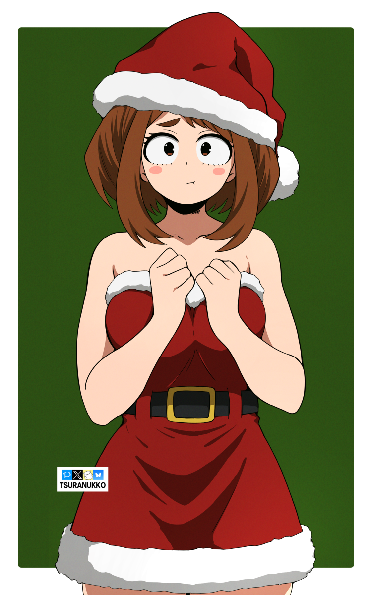 1girls big_breasts breasts brown_eyes brown_hair christmas closed_mouth female female_focus female_only looking_at_viewer medium_hair my_hero_academia navel ochako_uraraka santa_costume santa_hat solo solo_female solo_focus sweat thick_thighs tsuranukko watermark