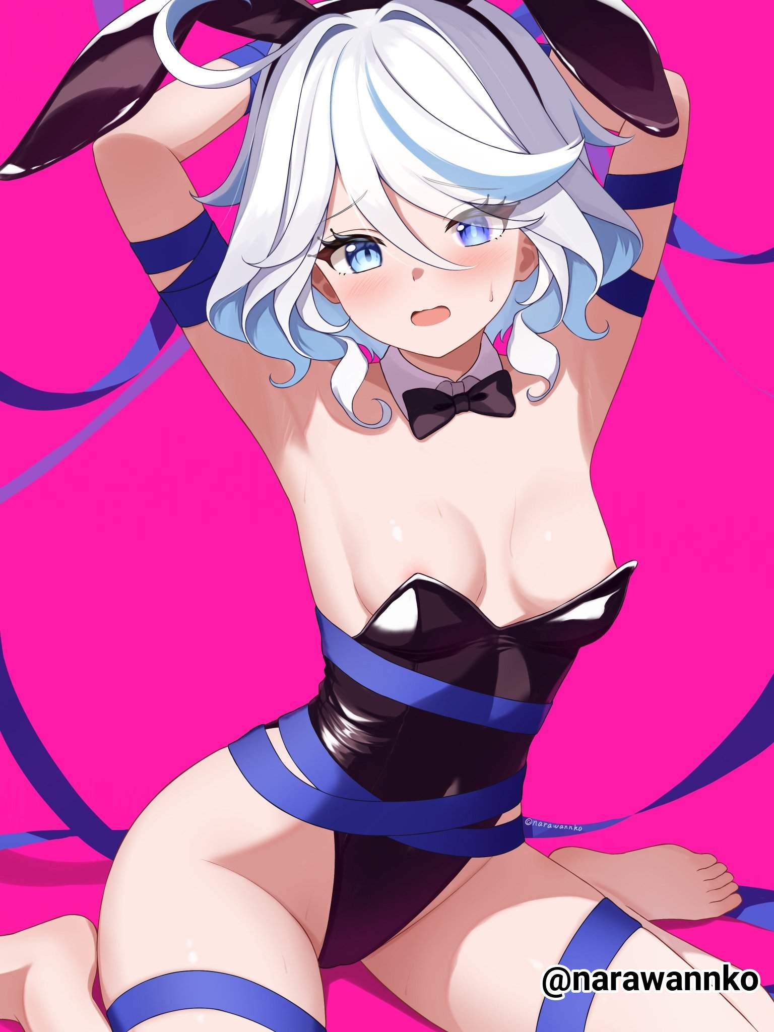 1girls, 2d, 2d (artwork), 2d artwork, areola, areola slip, areolae, areolae slip, arm behind head, arm up, armpits, arms behind head, arms up, bare armpits, bare arms, bare calves, bare chest, bare hands, bare hips, bare knees, bare legs, bare shoulders, bare skin, bare thighs, bare toes, barefoot, black bowtie, black bunny ears, black bunnysuit, black hairband, black leotard, black topwear, blue eyes, blue hair, blue-eyed female, blue-haired female, blush, blush face, blushing at viewer, blushing female, bowtie, breasts, bunny ears, bunnygirl, bunnygirl outfit, bunnysuit, calves, collar, collarbone, curvaceous, curvaceous body, curvaceous female, curvaceous figure, curvaceous hips, curvy, curvy body, curvy female, curvy figure, curvy hips, digital, digital art, digital drawing, digital drawing (artwork), digital media, digital media (artwork), drawing, elbows, embarrassed, embarrassed exposed female, embarrassed expression, embarrassed female, exposed armpits, exposed arms, exposed chest, exposed hips, exposed legs, exposed shoulders, exposed skin, exposed thighs, exposed toes, eyebrows visible through hair, feet, female, female focus, female only, flustered, flustered female, full body, furina (genshin impact), genshin impact, groin, hair between eyes, hand behind head, hand up, hands behind head, hands up, head tilt, heterochromia, high resolution, highres, inguinal crease, inguinal ligament, knees, lean figure, legs, legs folded, leotard, looking at viewer, medium hair, multicolored hair, narawannko, narrow waist, nipples, open mouth, parted lips, petite, petite body, petite breasts, petite female, petite girl, petite tits, pink areola, pink areolae, pink background, pink nipples, posing, posing for the viewer, ribbon, seiza, shoulders, simple background, sitting, sitting on floor, sitting on ground, sitting on knees, slender body, slender waist, slim waist, small breast, small breasts, solo, thighs, tilted head, tiny breasts, toes, tongue, topwear, wariza, white collar, white hair, white-haired female, wide hips, worried, worried expression, worried face, worried look