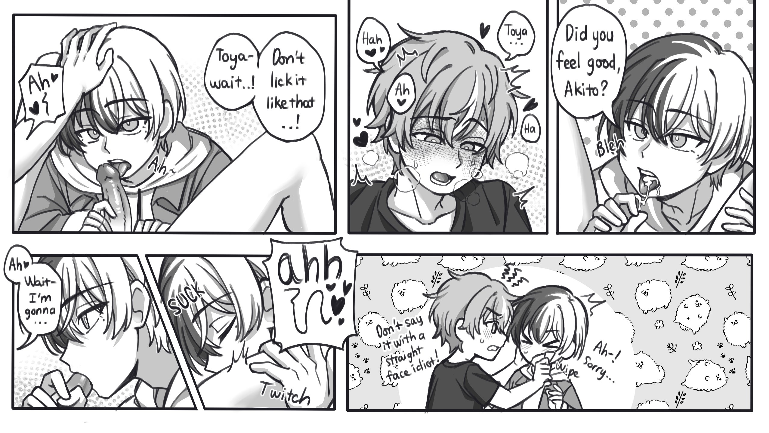 aoyagi touya, blowjob, blowjob face, comic, comic panel, dialog, dialogue, gay, male, male only, moan, moaning, moaning in pleasure, moans, monochrome, penis, project sekai, shinonome akito, shirt on, sucking, sucking penis, teasing, touakiriu, yaoi