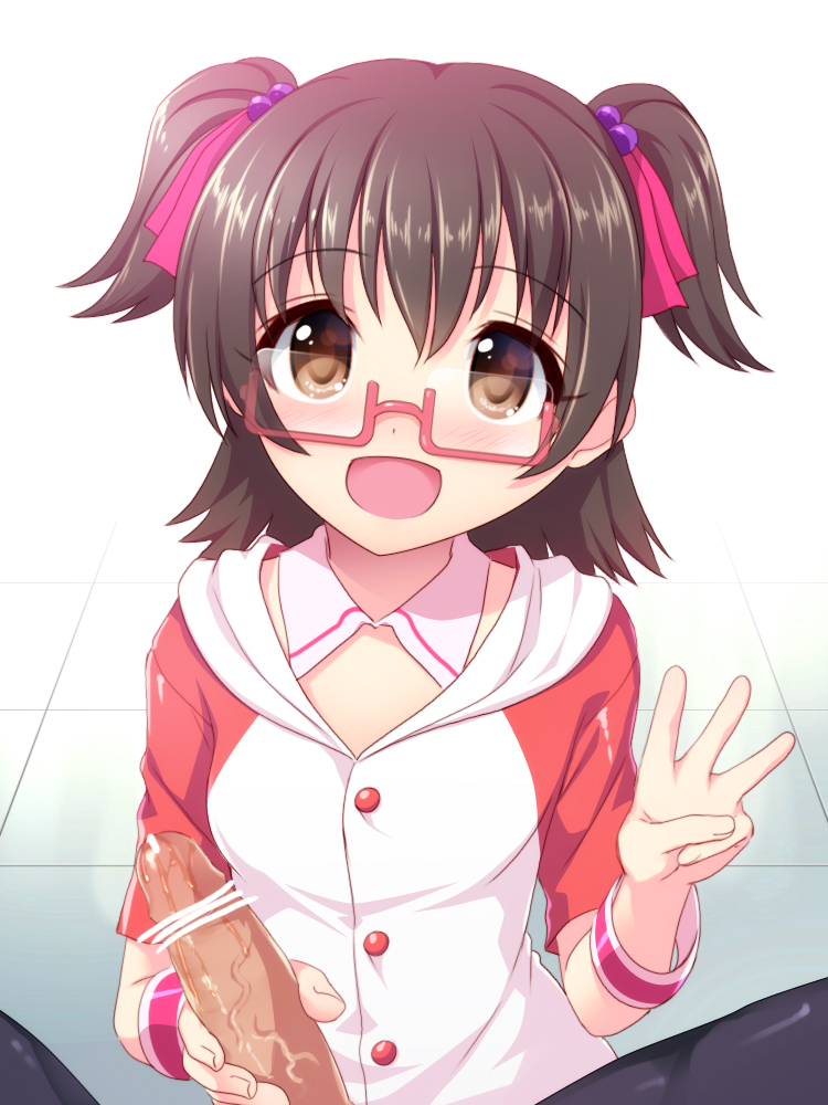 :d akagi_miria black_hair blush brown_eyes censored eyewear female fujimiya_yuu glasses handjob idolmaster idolmaster_cinderella_girls open_mouth penis short_hair smile solo_focus straight tied_hair twintails two_side_up