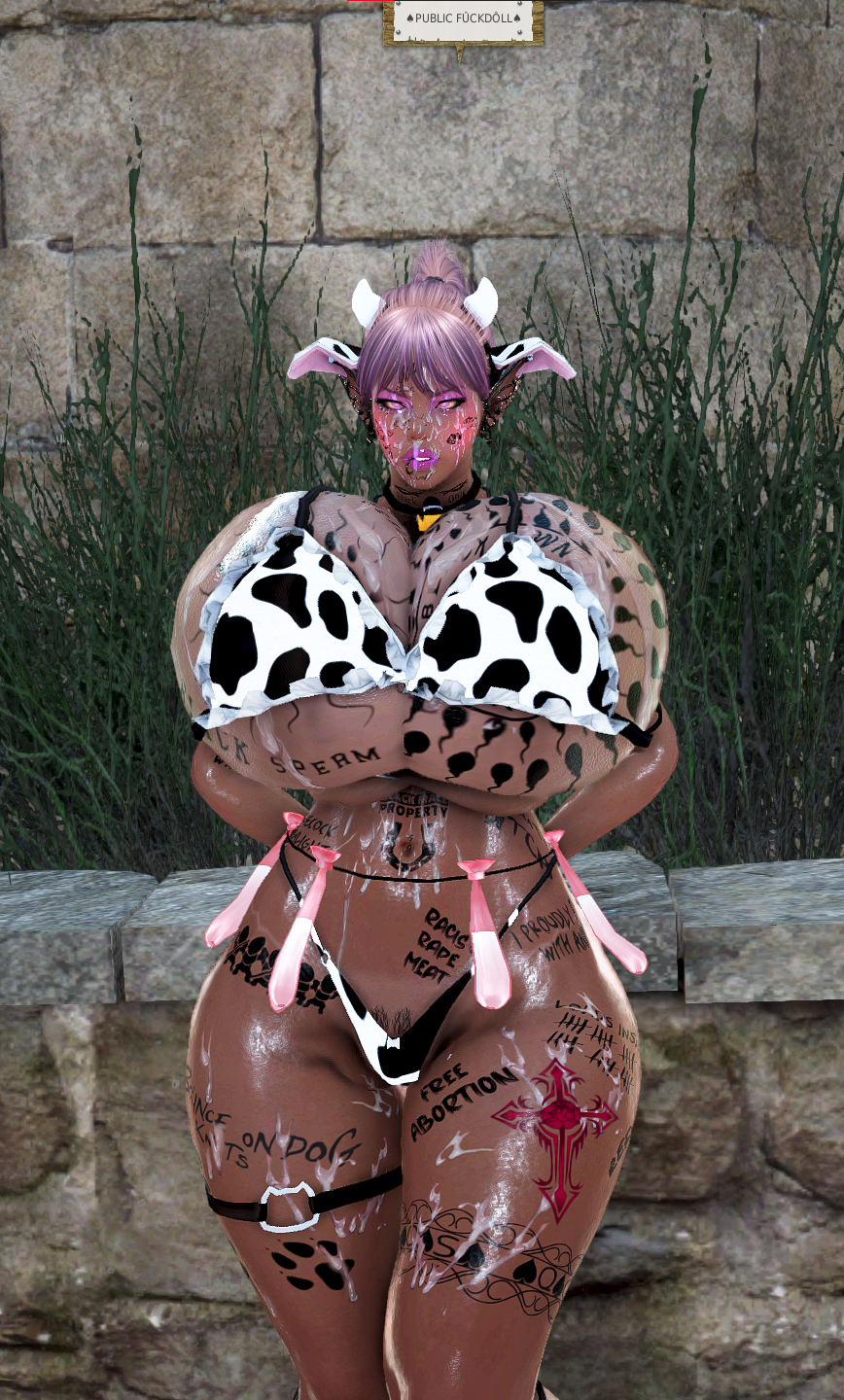 3d bdo bimbo black_desert_online blacked blonde_hair body_writing cow_ears cow_horns cow_print cow_tits cum_on_body cum_on_breasts cum_on_face cum_on_thighs cumdumpster dark_elf degradation elf elves huge_breasts humiliation onahole qos queen_of_spades ranger_(black_desert) screencap screenshot sperm_tattoo succubus succubus_horns tattoo tattoos toilet urinal video_game yourbdowhore