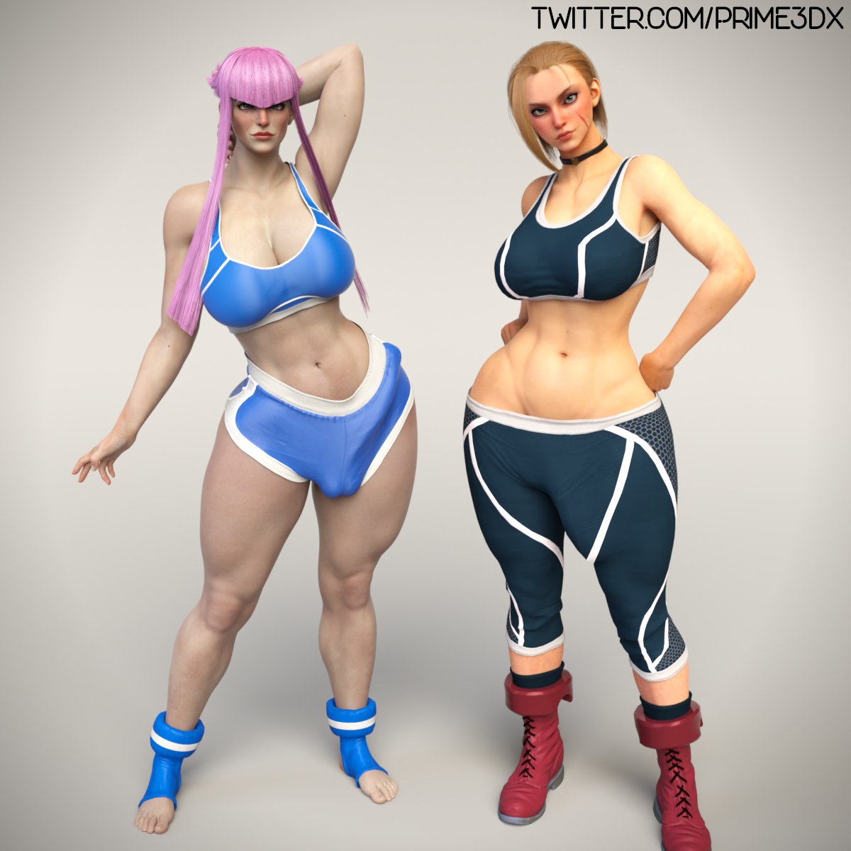 2futas 3d 3d_(artwork) big_breasts blonde_hair breasts bulge bulge_through_clothing cammy_white capcom futa_only futanari manon_legrand penis_outline pink_hair prime3dx sports_bra street_fighter street_fighter_6