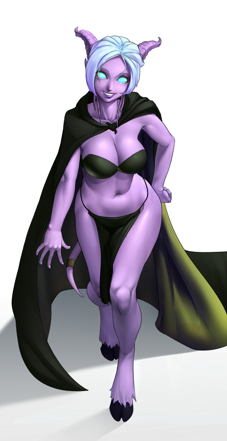 blue eyes, bra, cape, cleavage, draenei, female, hooves, horns, kairuhentai, kairunoburogu, loincloth, navel, purple skin, short hair, smile, solo, standing, tail, tail ornament, white hair, world of warcraft