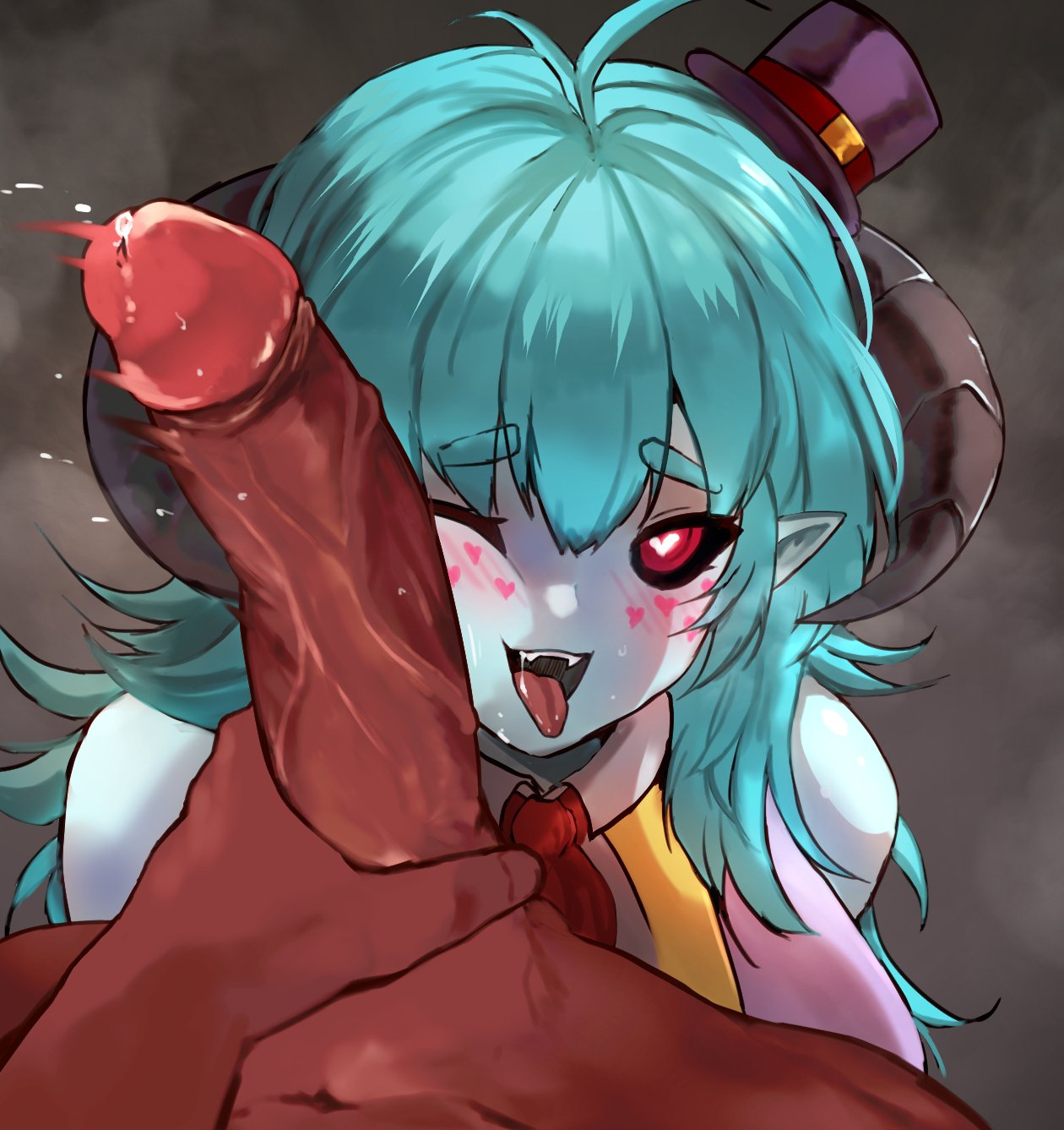 1boy 1girls black_sclera blue_body blue_hair blue_skin dark-skinned_male dark_skin erection female male ohxs opaluva_(character) open_mouth penis pointy_ears red_eyes slapping_with_penis tongue tongue_out unseen_male_face