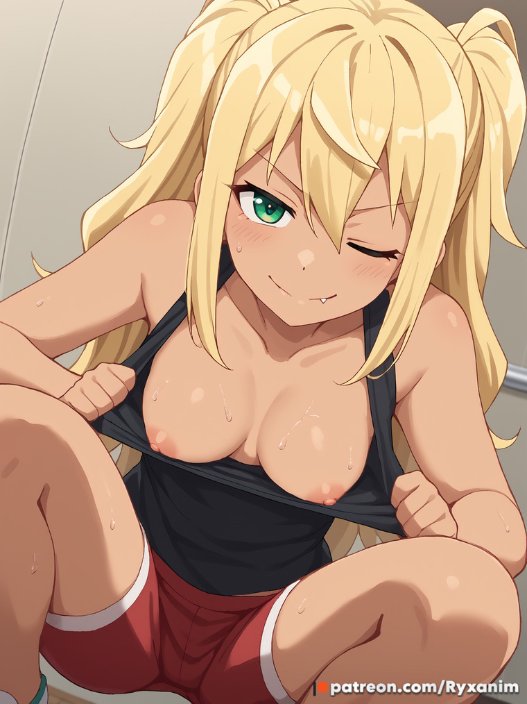 ;) bangs bare_arms bare_shoulders black_tank_top blonde_hair blush breasts clavicle cleavage closed_mouth clothes_pull clothing dark-skinned_female dark_skin fang_out female female flashing footwear green_eyes gyaru hair_between_eyes indoors long_hair looking_at_viewer medium_breasts nipples no_bra oerba_yun_fang one_eye_closed pulled_by_self red_shorts sakura_hibiki_(dumbbell_nan_kilo_moteru?) shirt shirt_pull short_shorts shorts sitting sleeveless smile solo spread_legs squatting sweat tank_top tanned thighs tied_hair twintails