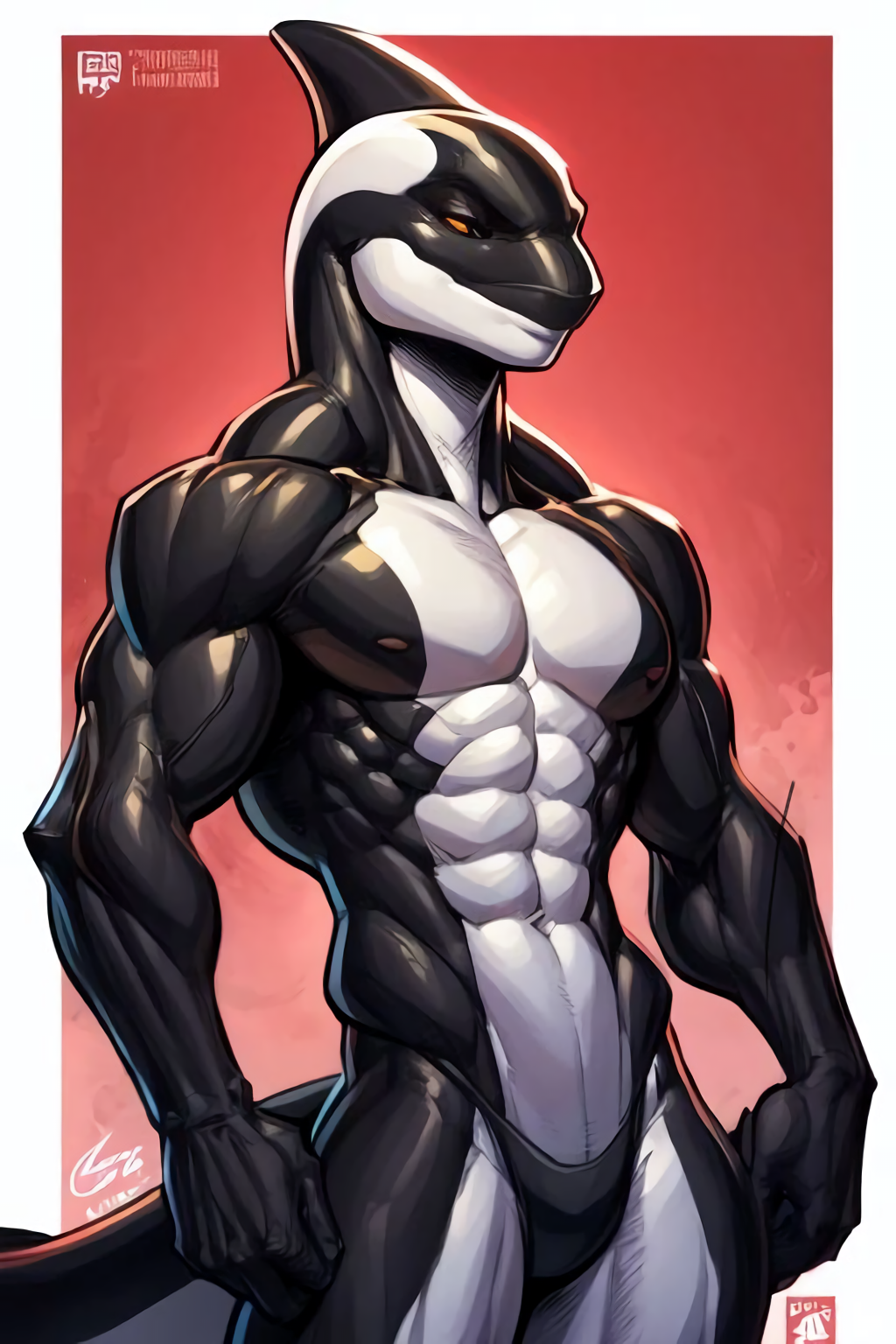 abs ai_generated anthro athletic attempted_signature biceps cetacean clothing delphinoid male mammal marine muscular muscular_anthro muscular_male navel nipples oceanic_dolphin orca panties pecs solo toothed_whale underwear