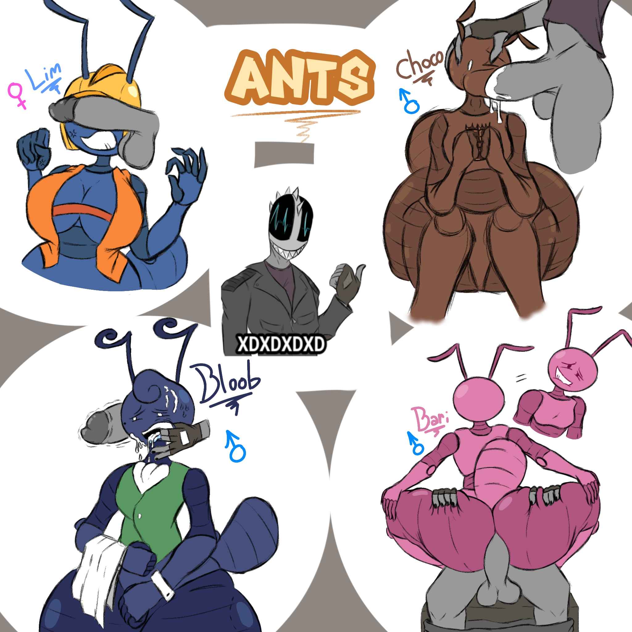 1girls 4boys antennae ants balls ballsack bari_(dozighost) big_ass big_breasts big_butt big_penis bloob_(dozighost) breasts choco_(dozighost) dozighost_(fanarts) lim_(dozighost) males males_only oc original original_characters penis rex_(soldiersick01) soldiersick01 tagme thick_thighs wide_hips