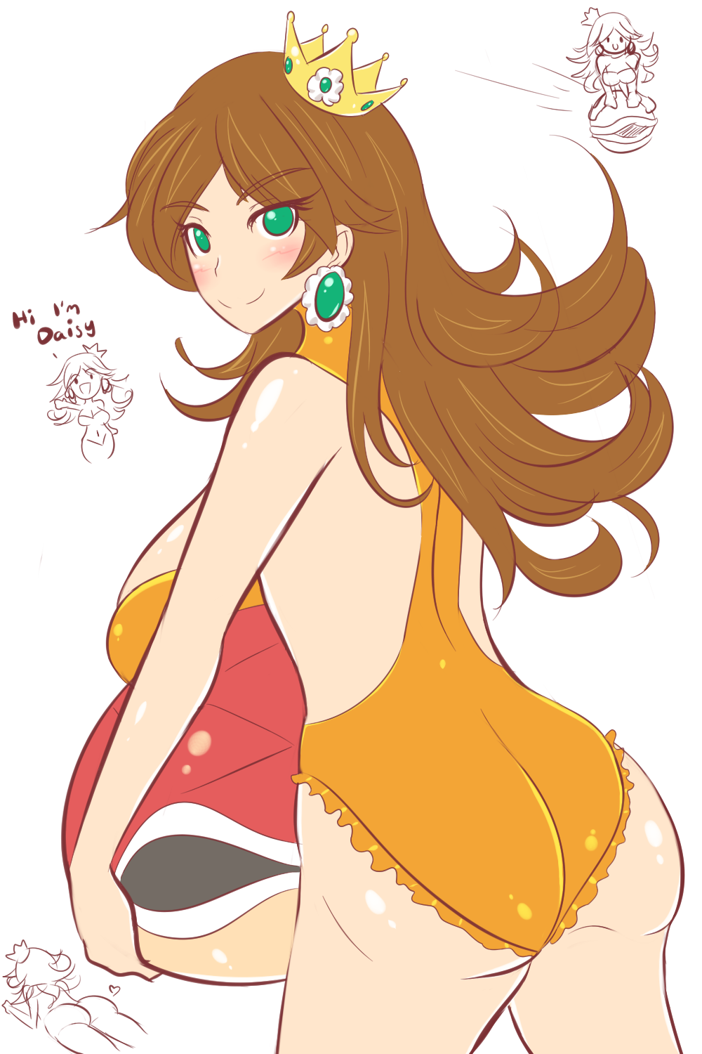 ass back_view big_ass blush breasts brown_hair catchphrase chibi crown curvaceous cute dat_ass earrings female female_only green_eyes hair huge_breasts jcdr jewelry koopa koopa_shell large_breasts long_hair looking_at_viewer mario_(series) nintendo princess_daisy shiny_skin sideboob smile solo super_mario_bros.