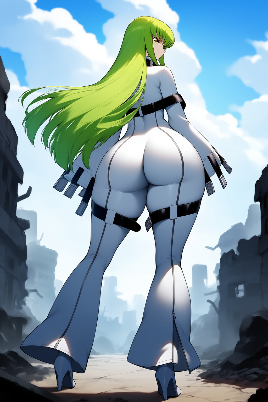 ai_generated big_ass big_butt c.c. code_geass goldencum34 green_eyes looking_back ruined_city thick_thighs tight_clothing wide_hips