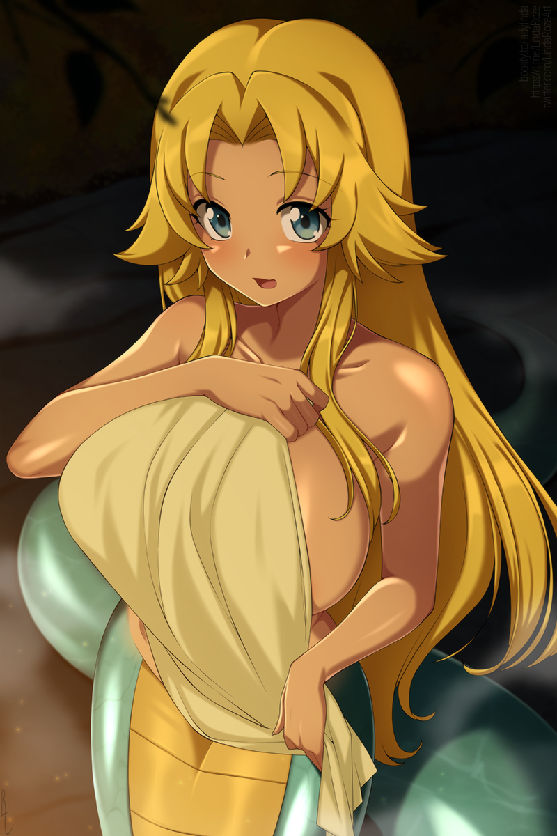 1girls blonde_hair blue_eyes breasts celina_(sayonara_ryuusei) collarbone commentary commission english_commentary highres holding holding_towel lamia large_breasts lindaroze long_hair looking_at_viewer monster monster_girl nude open_mouth sayonara_ryuusei_konnichiwa_jinsei smile snake_girl solo steam towel