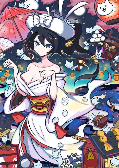 1girls big_breasts black_hair blue_eyes feline flower ghost hat huge_breasts kimono konpee long_hair night ribbon the_battle_cats