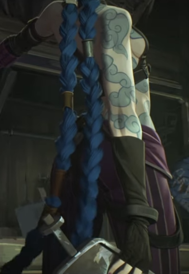 1girls arcane blue_hair cropped jinx_(arcane) jinx_(league_of_legends) league_of_legends netflix riot_games screenshot sideboob tattoo_on_arm tattoo_on_breast tattoos younger_female