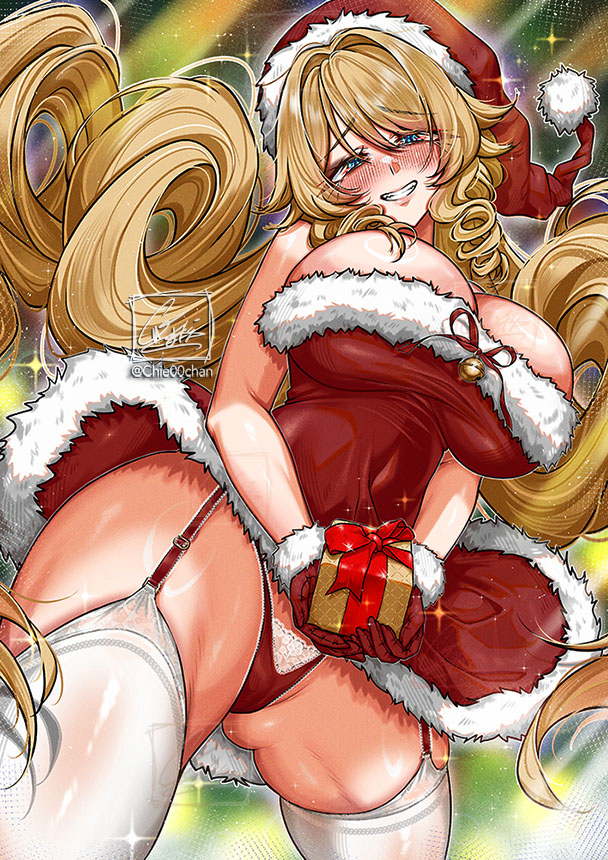 1girls, ass, breasts, chie00chan, christmas, female, female only, genshin impact, large breasts, light skin, light-skinned female, looking at viewer, navia (genshin impact), solo, thick thighs, thighhighs, thighs