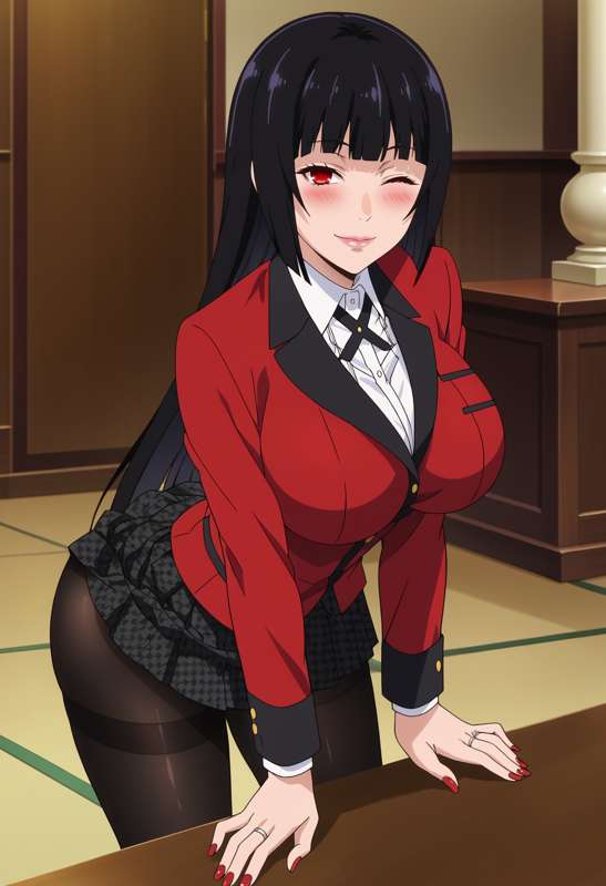 1girls ai_generated aindroidparanoid big_ass big_breasts black_hair blush curvy jabami_yumeko kakegurui perfect_body perfect_legs red_eyes student thick_thighs