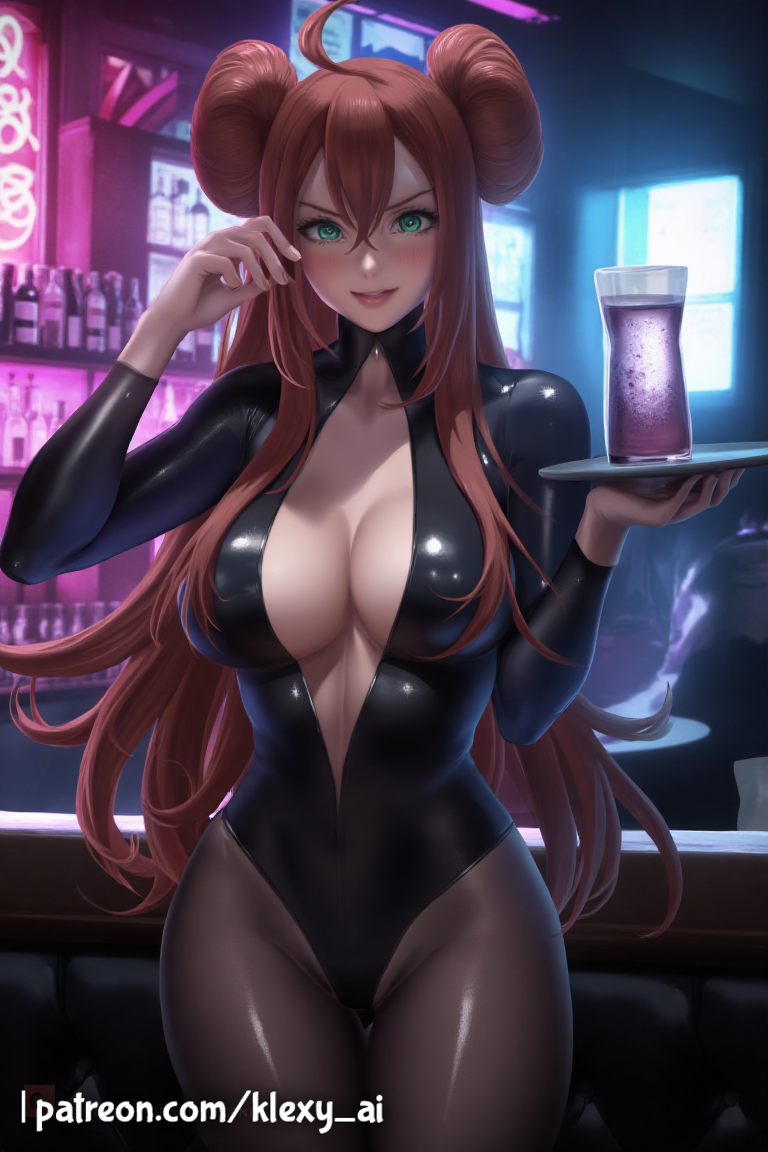 ai_generated alcohol alcoholic_drink alternate_version_available bar bar_maid belly_button_visible_through_clothing big_breasts blush blush boob_window breasts clothed clothed_male_nude_female clothing cowlick female female_only fully_clothed fully_clothed_female green_eyes hair_bun hair_buns hand_on_face holding_tray klexyai leather leather_clothing leather_topwear long_hair looking_at_viewer patreon patreon_username pokemon pokemon_trainer purple_liquid rosa_(pokemon) shiny shiny_clothes shiny_skin smile smile_at_viewer smiling smiling_at_viewer solo solo_female space_buns thick_thighs thigh_highs thighhighs voluptuous voluptuous_female