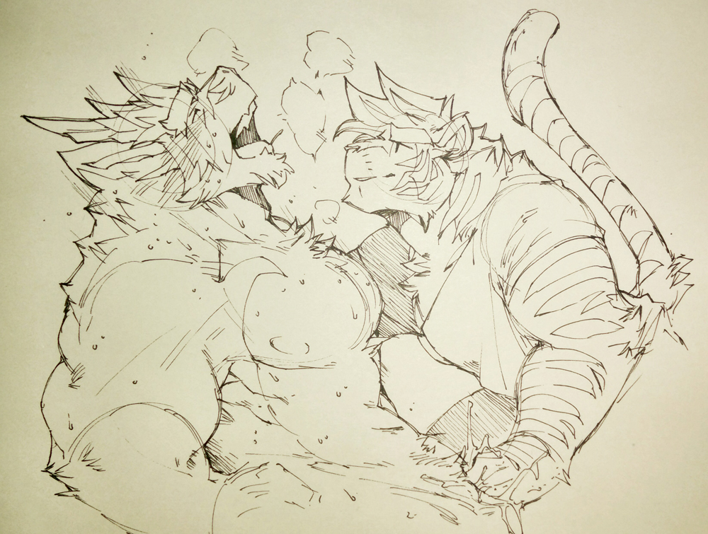 anthro closed_eyes dragon feline fluffy fur furry jeff kokuhane male mammal nipples nude smile sweat tiger yaoi