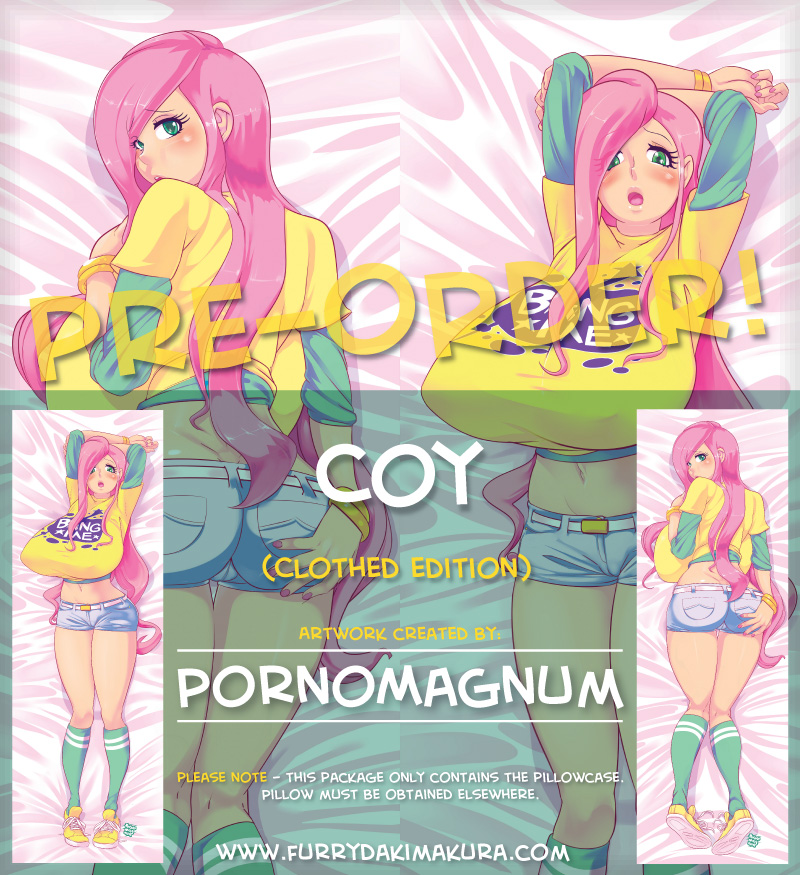 anthro bang_me big_breasts breasts clothed clothing coy female fluttershy_(mlp) friendship_is_magic green_eyes hair huge_breasts human humanized jewelry long_hair looking_at_viewer mammal my_little_pony open_mouth pants pillow pillowcase pink_hair pornomagnum shirt solo straight_hair text