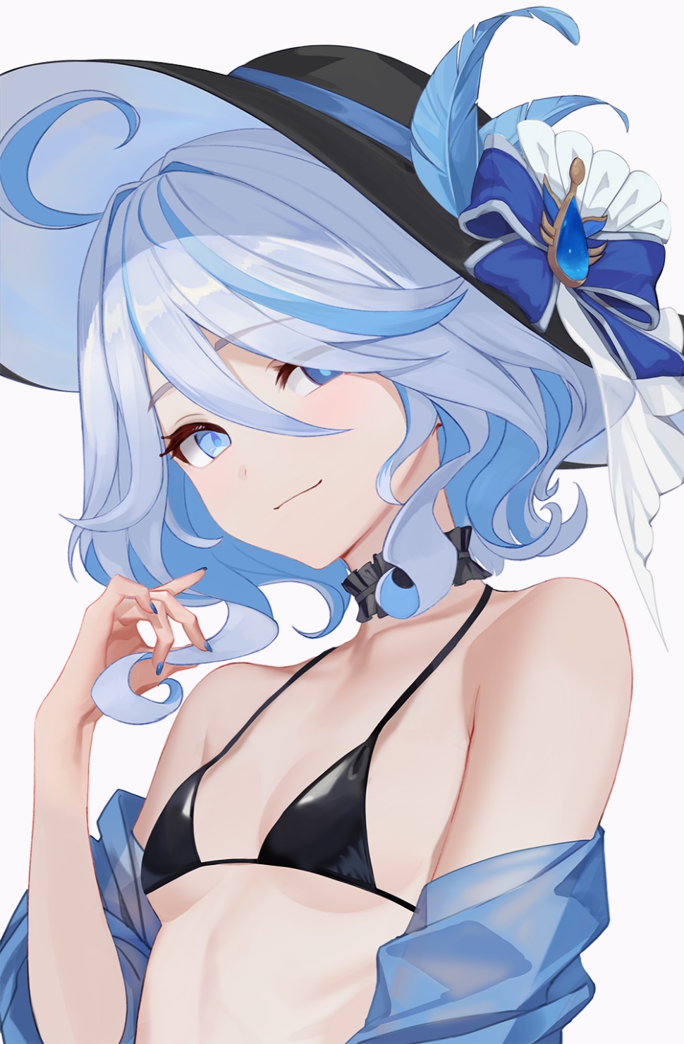 ahoge antenna_hair bangs bare_shoulders bikini bikini_top black_bikini black_choker blue_eyes blue_hair breasts choker closed_mouth collarbone eyebrows_visible_through_hair female flat_chest flat_chested flower furina_(genshin_impact) genshin_impact hair_between_eyes hand_up hat looking_at_viewer multicolored_hair off_shoulder ribbon shirt short_hair silver_hair small_breasts smile solo streaked_hair striped striped_background swimsuit upper_body vertical_stripes
