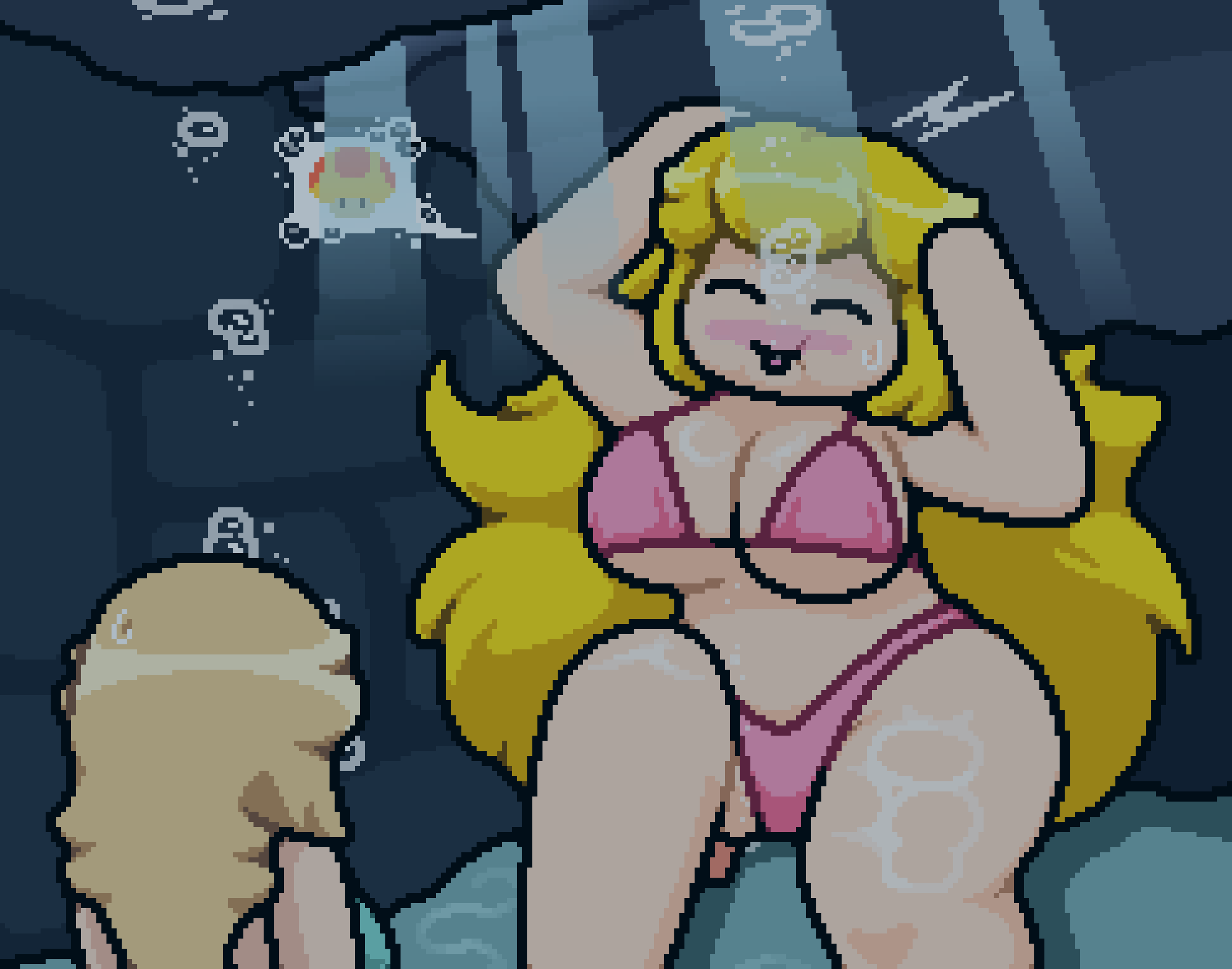 big_breasts blonde_hair bubble bubbles cave giantess mario_(series) mega_mushroom okami_tomato pink_bikini princess_peach princess_rosalina sat_on stuck super_mario_3d_world super_mario_galaxy sweatdrop tomato_(okami_tomato) trapped trapped_under_ass underwater underwater_cave