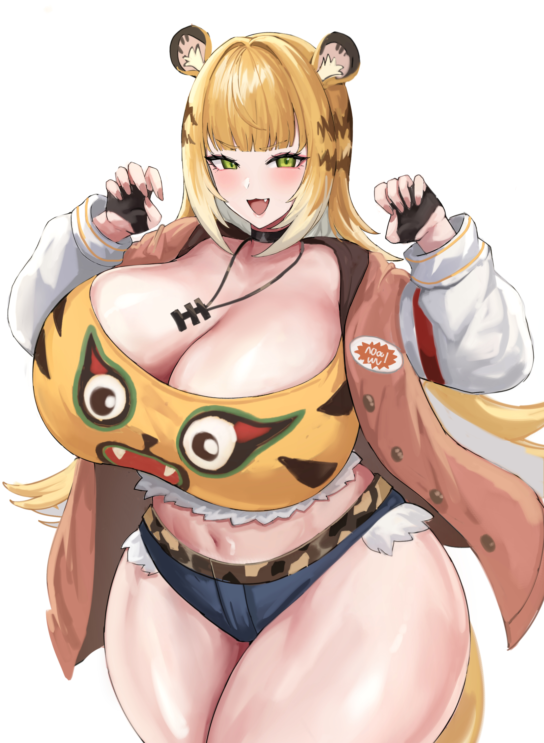 1girls, alternate body type, alternate costume, blush, claw pose, cleavage, crop top, curvy, female, female only, gigantic breasts, jacket, ju fufu, nanasuru4, necklace, open jacket, short shorts, shorts, smile, thick thighs, wide hips, zenless zone zero