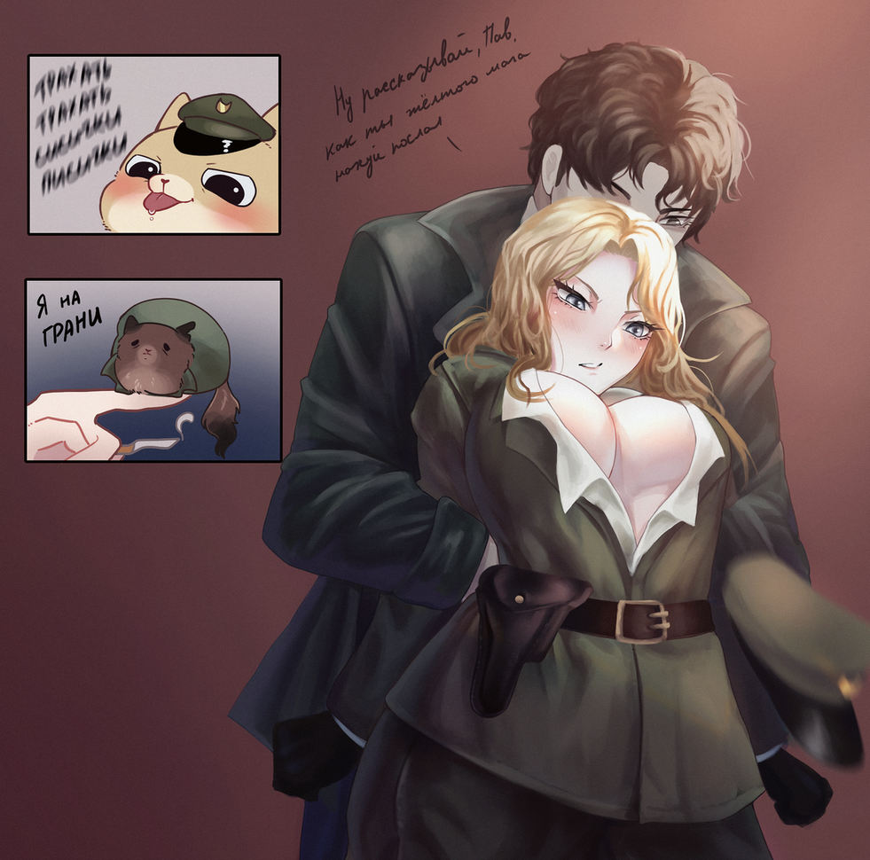 1boy 1girls big_breasts blonde_hair blue_eyes blush cleavage fear_and_hunger fear_and_hunger:_termina genderswap_(mtf) gloves lolikatze long_hair marcoh_(fear_and_hunger) military_hat military_uniform no_bra open_shirt pavel_yudin restrained rule_63 russian_text underboob