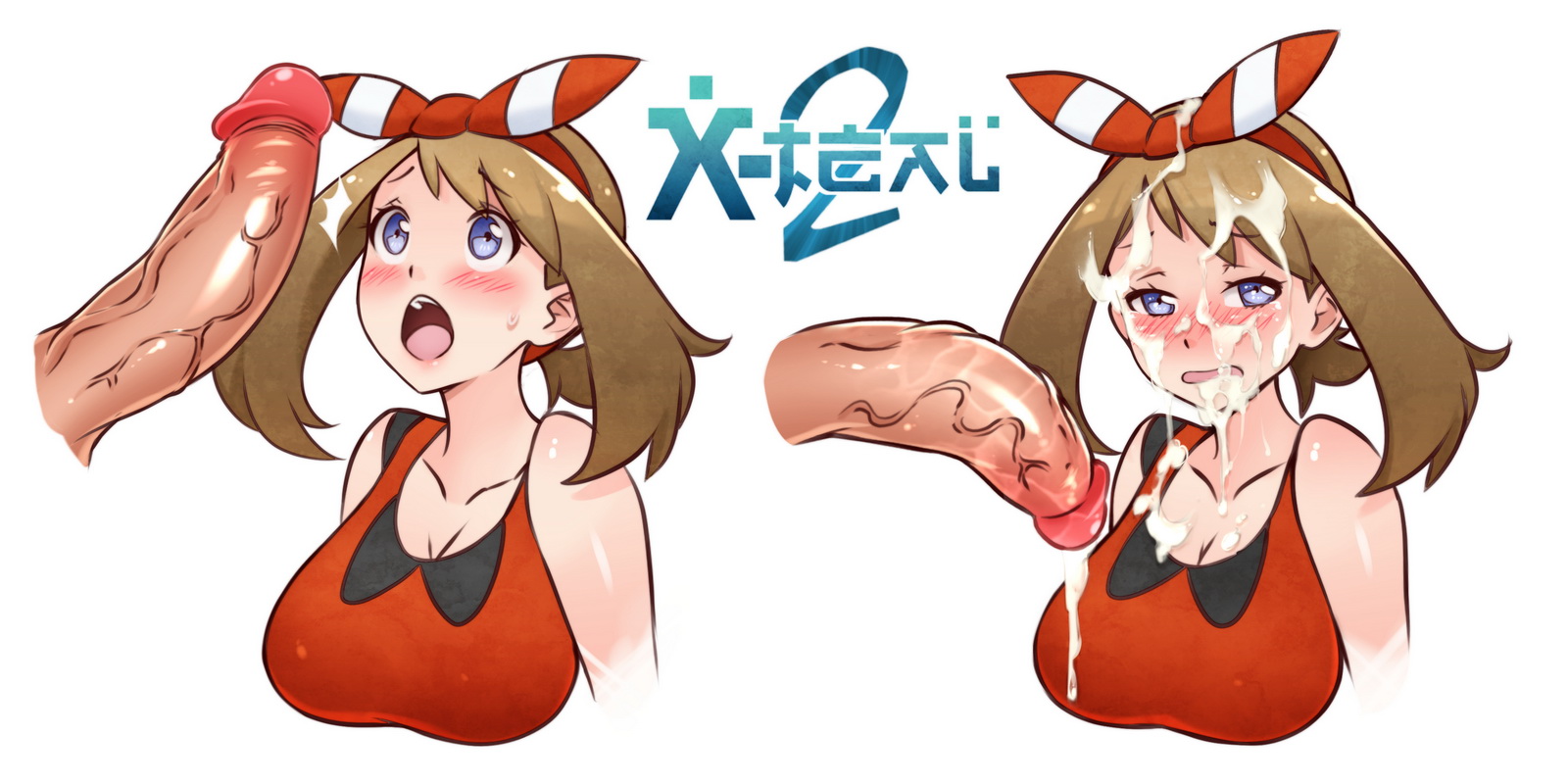 after sex, bad id, bandana, blush, breasts, brown hair, cum, cum on brown hair, cum on hair, disembodied penis, facial, female, flaccid, human, human only, humanoid, large penis, long hair, male, may (pokemon oras), may (pokemon), multiple views, nintendo, open mouth, penis, penis awe, pokemon, pokemon oras, purple eyes, solo focus, straight, tank top, two side up, veiny, veiny penis, x-teal
