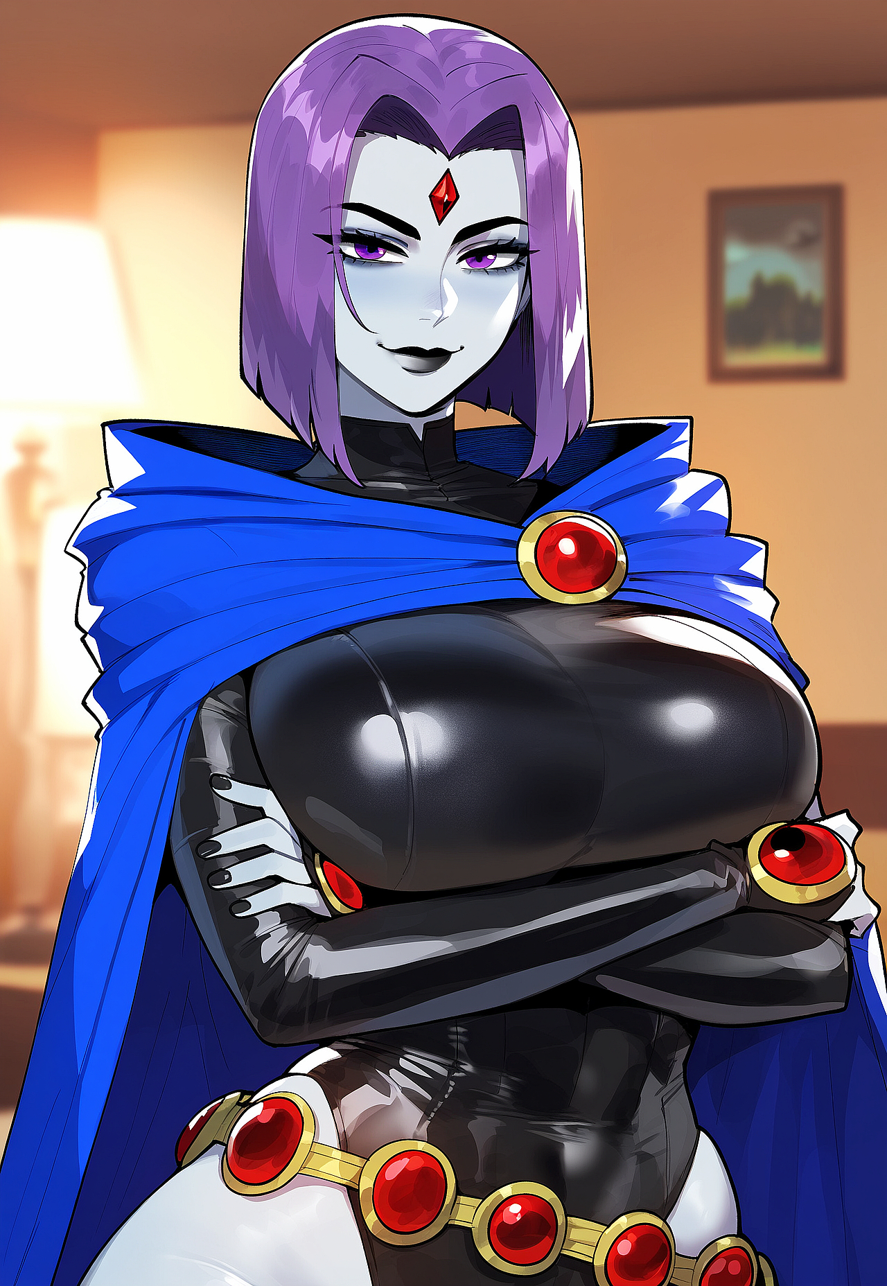 1girls, ai generated, ass, belt, breasts, cape, curvy, dc, dc comics, female, female only, gem, grey skin, huge breasts, indoors, juuicyai, leotard, massive ass, massive breasts, purple eyes, purple hair, raven (dc), solo, teen titans, thick thighs, wide hips