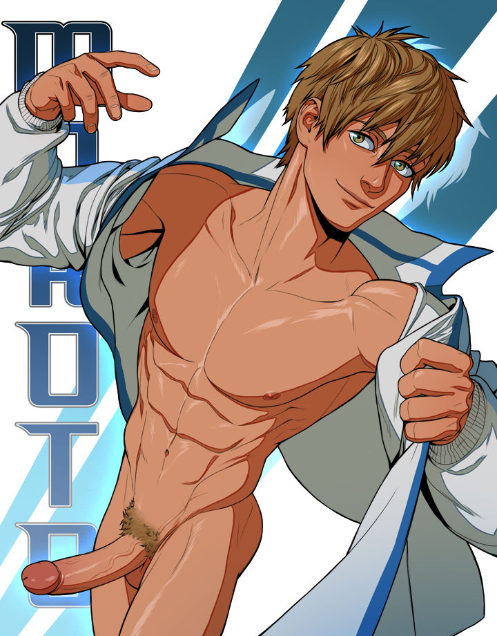 1boy abs brown_hair dressing erection flashing foxbravo free! makoto_tachibana male_focus male_only penis smile solo tachibana_makoto